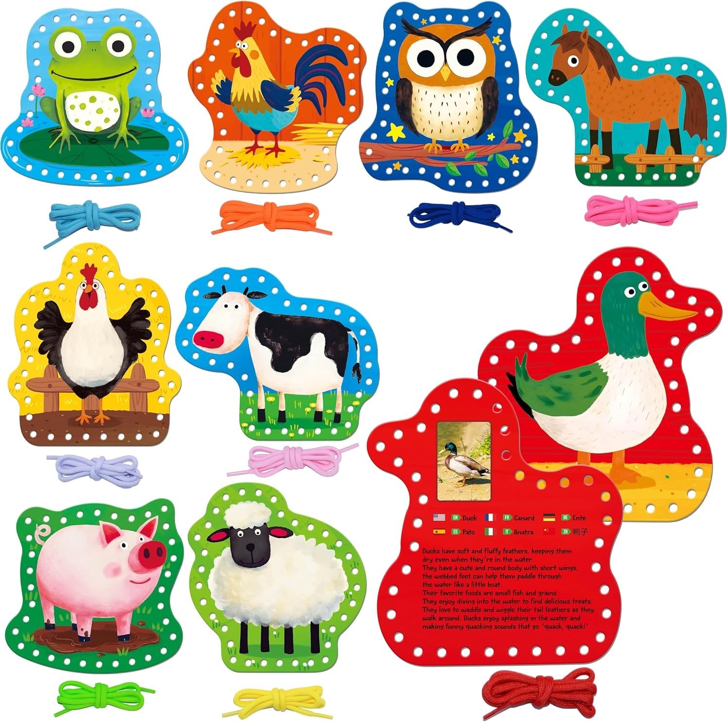 Engaging 9 Pcs Farm Animals Lacing Cards – Develop Skills with Colorful Laces