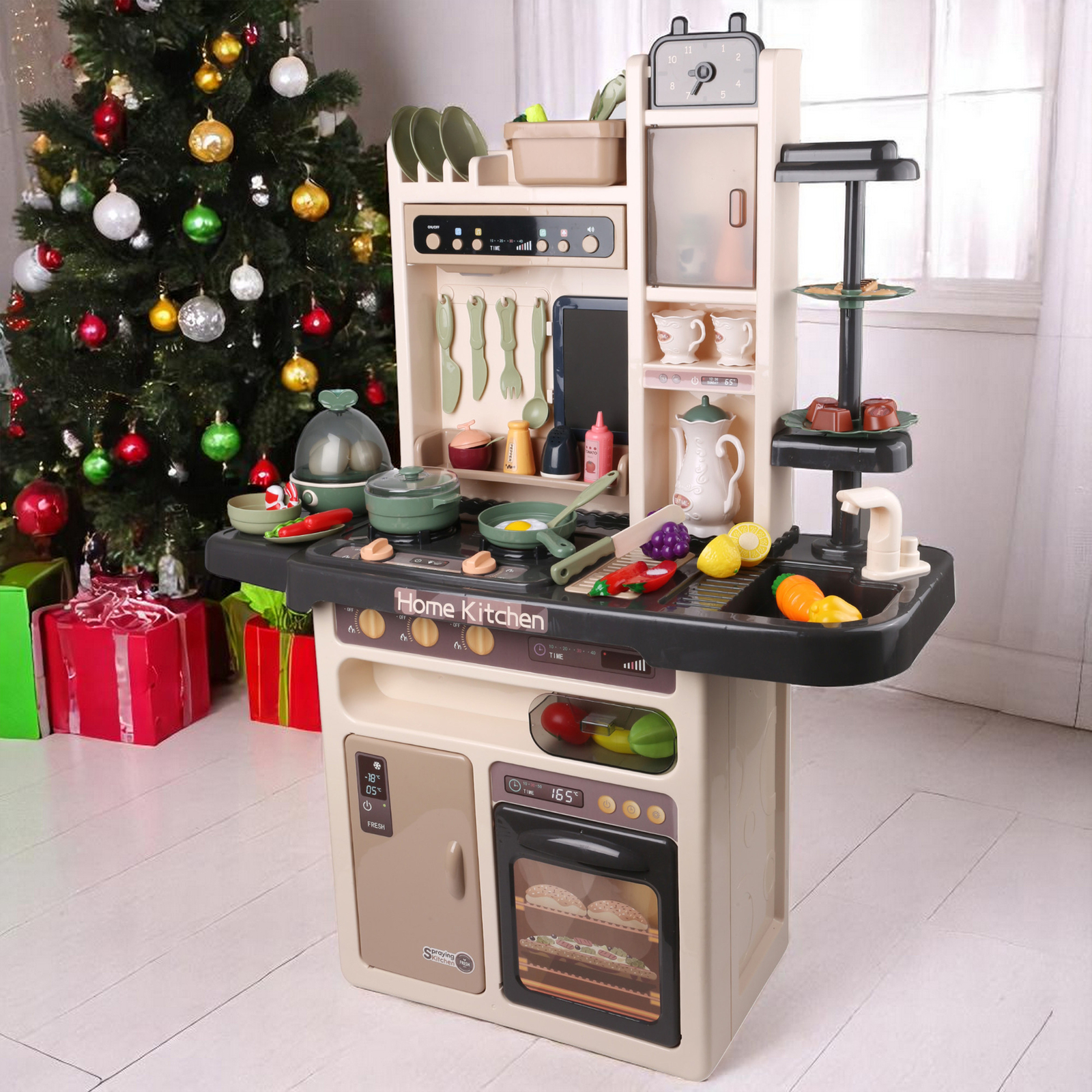 Interactive Kids Kitchen PlaySet with Steam, Light, Music & 65 Pcs Accessories