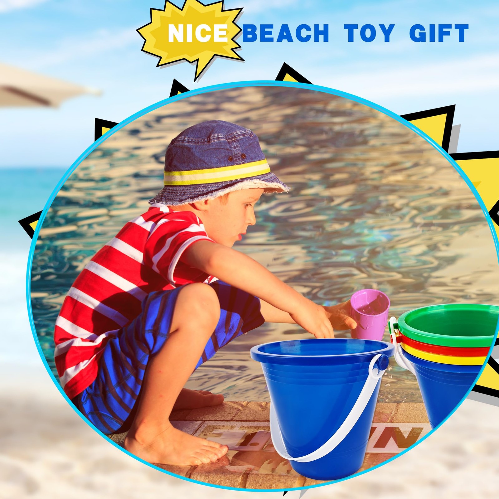 13.5 x 8 x 12 cm (buckets), 19 x 6 (shovels), Red, Blue, Yellow, Green