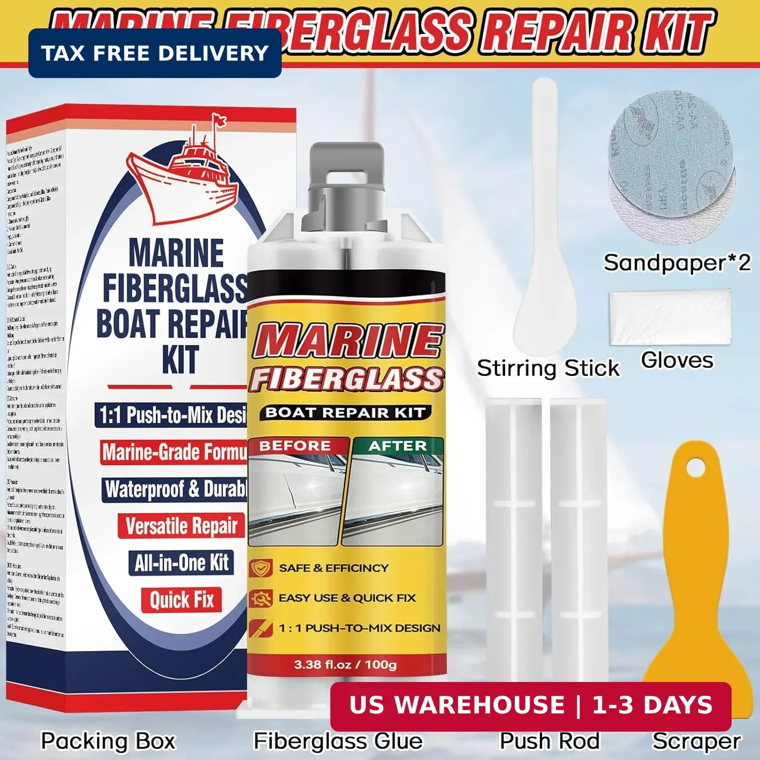 Marine Fiberglass Repair Kit for Boats, Gelcoat Repair Kit for Boats with Waterp