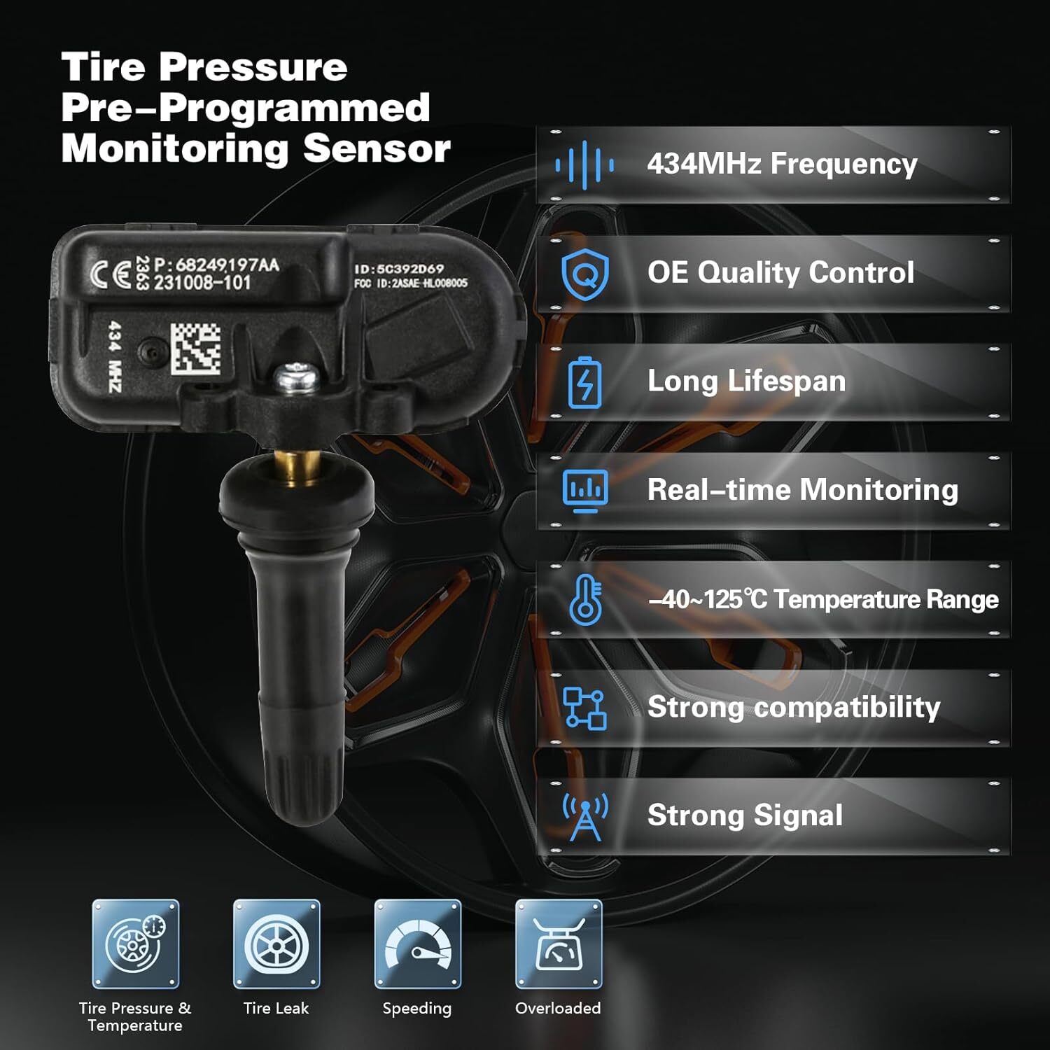 TPMS Sensor 434MHz Tire Pressure Monitoring System Sensor Compatible for