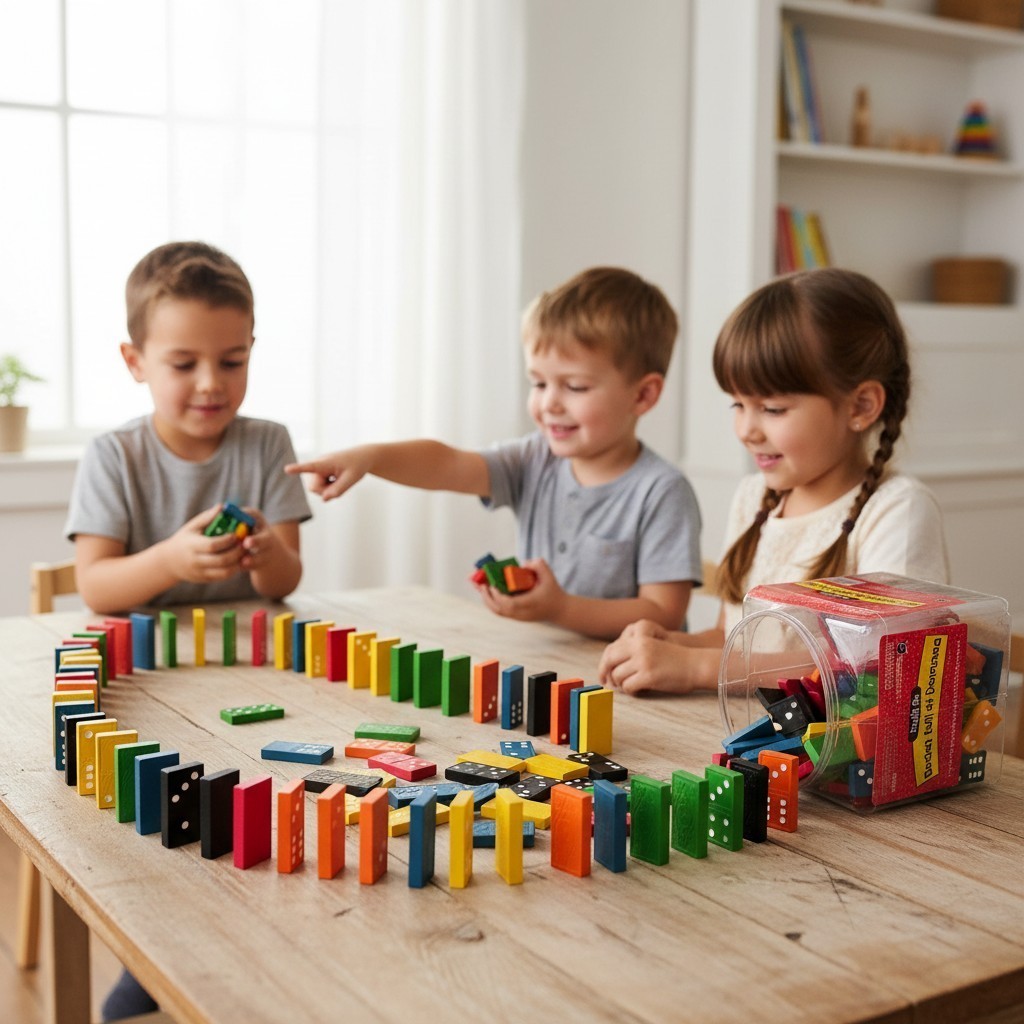 Vtg Bucket Full Of Dominoes By Learning Resources Complete 6 Sets 6 Colors