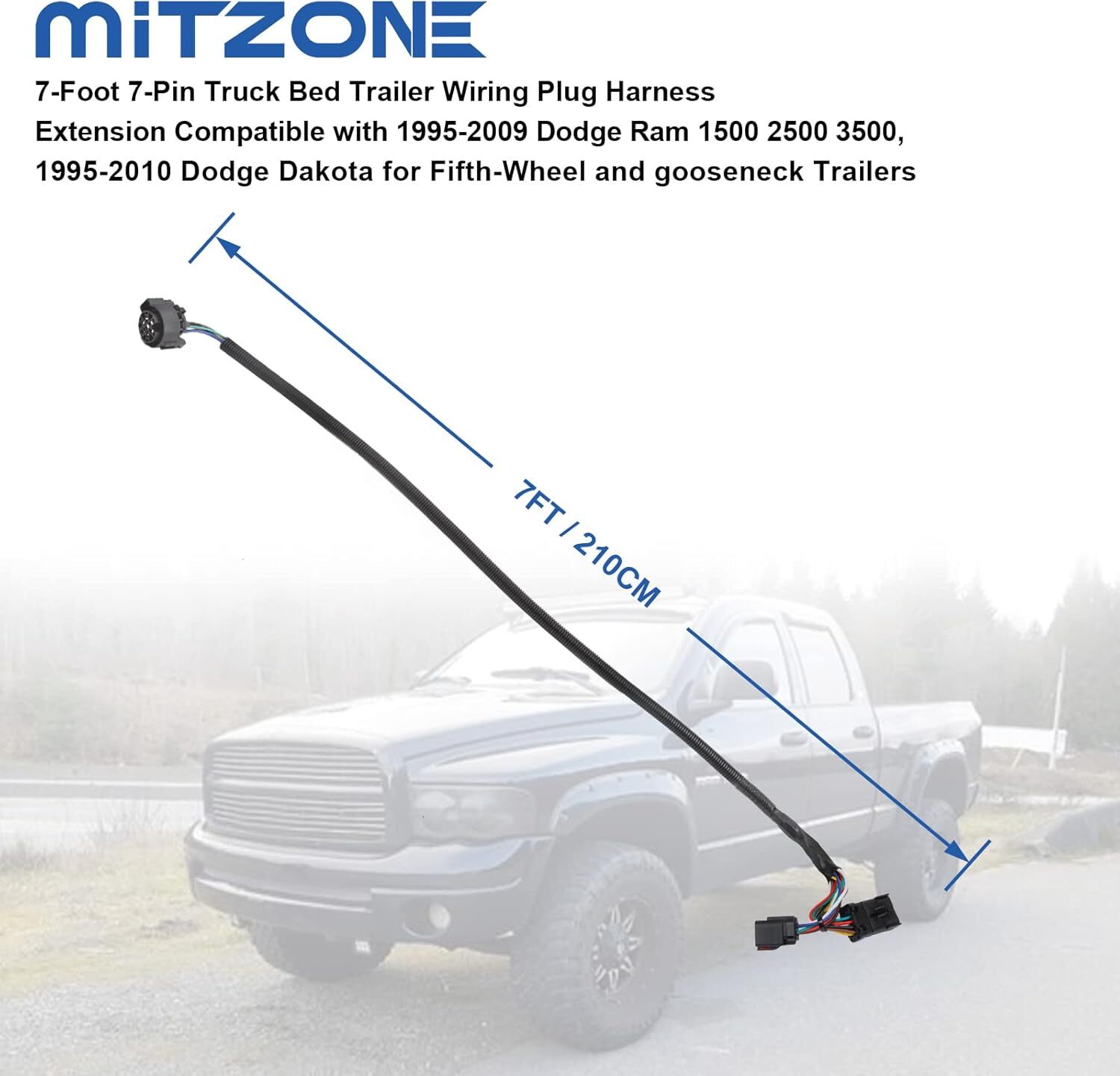 MITZONE 7-Foot 7-Pin Truck Bed Trailer Wiring Plug Harness Extension Compatible