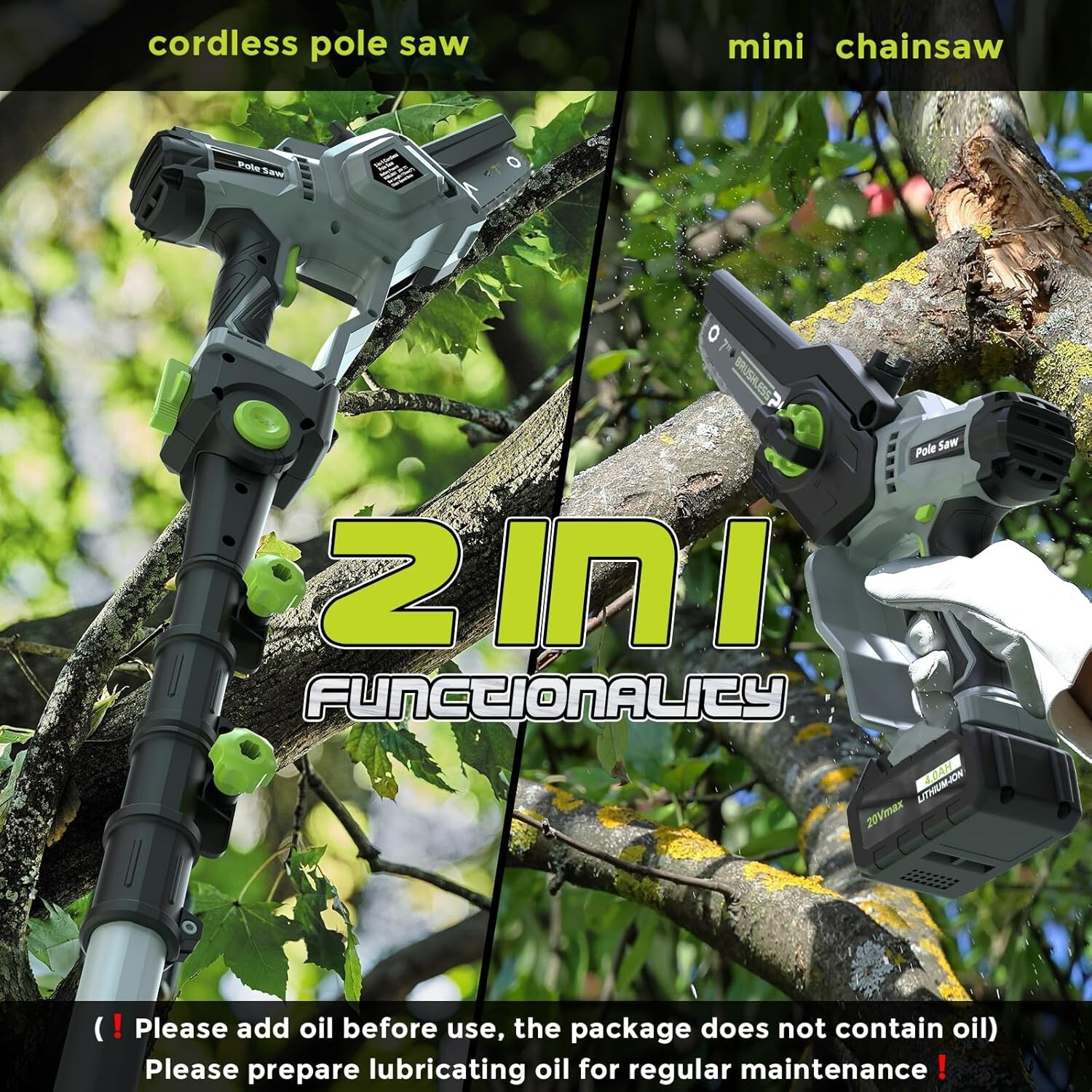 2-in-1 Cordless Pole Saw (2025 Upgraded), 7 Inch Brushless Mini Chainsaw with