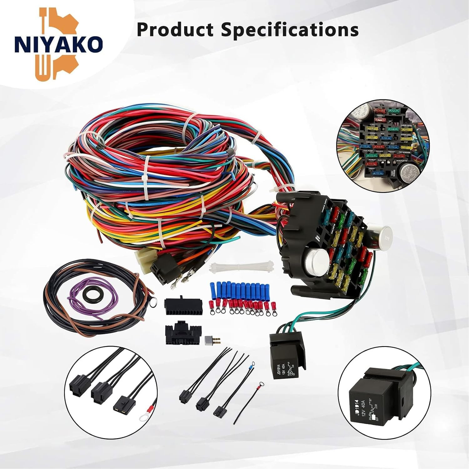 Universal 21 Circuit Wiring Harness Kit, Extra Long Wire Standard Color 17 Fuses
