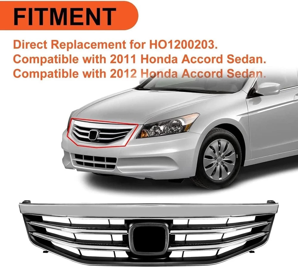 Chrome Front Bumper Grille Grill Compatible with 2011-2012 Honda Accord
