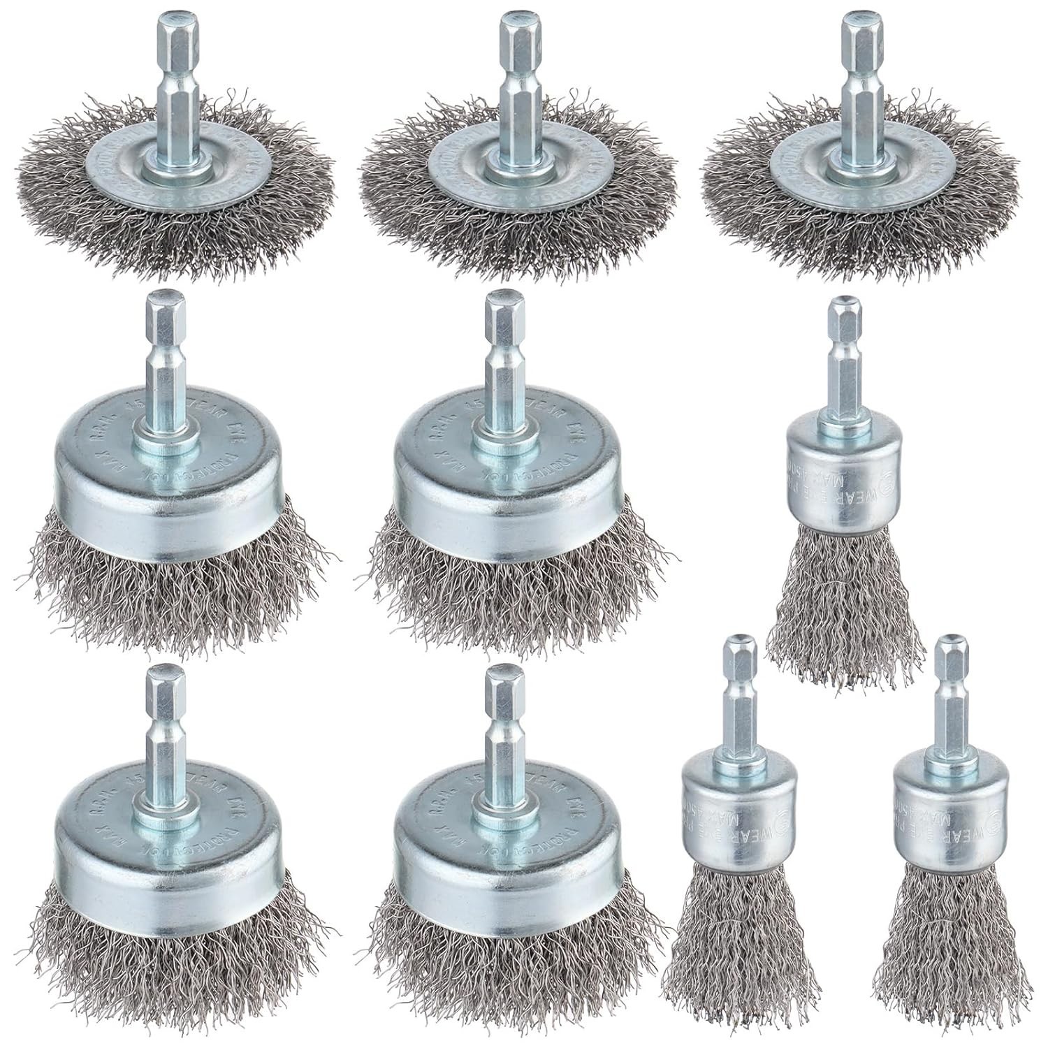 Rocaris 10-Pack Carbon Steel Wire Wheel, Cup, Pen Brush Set with 1/4-Inch Hex