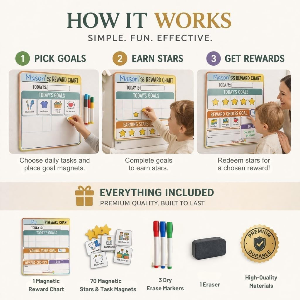 Reward Charts for Toddlers – Magnetic Daily Routine & Behavior Chart for Kids, P