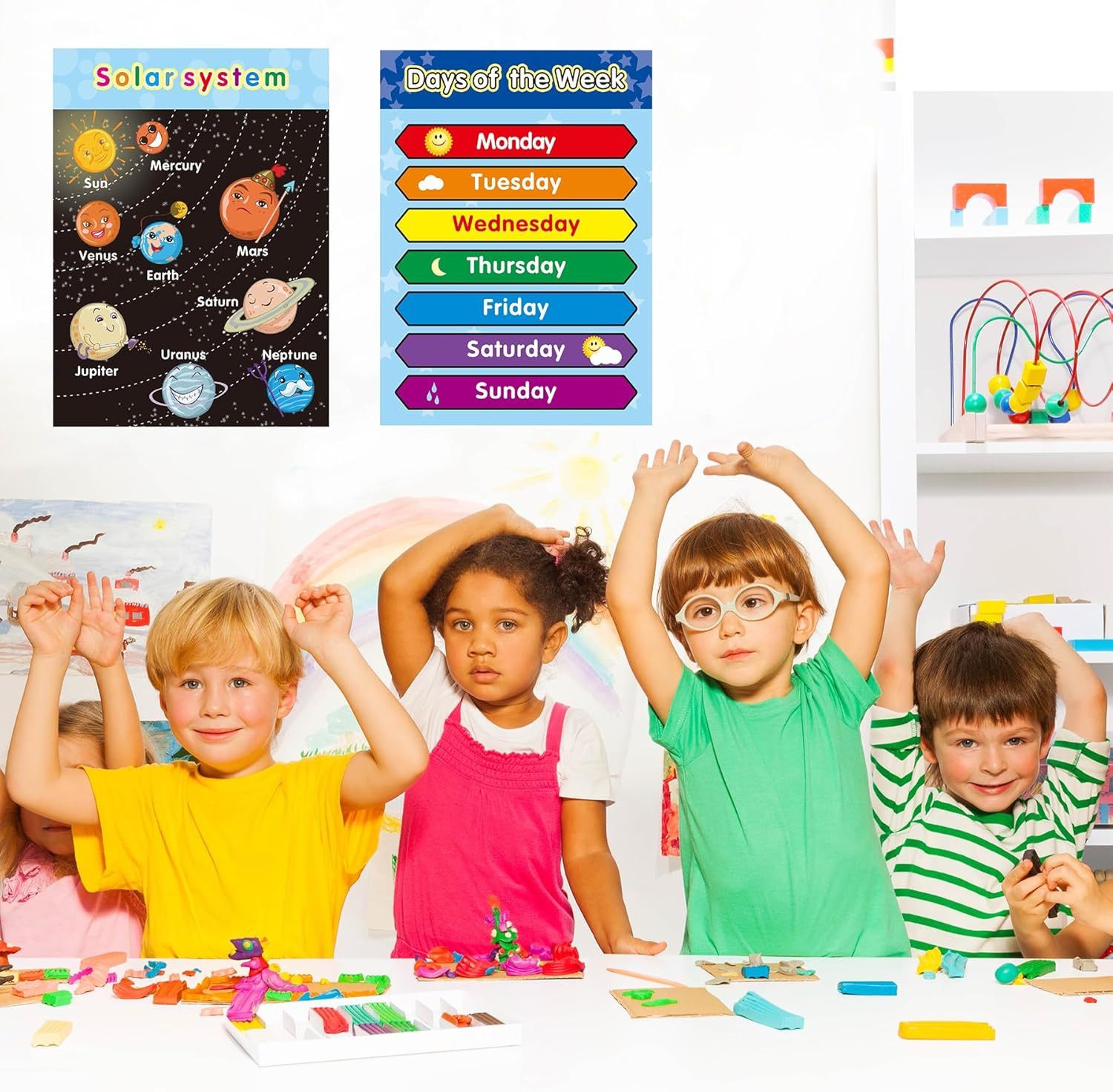 Solar System Posters for Kids Laminated Preschool Poster for Toddlers 2 PCS Kids
