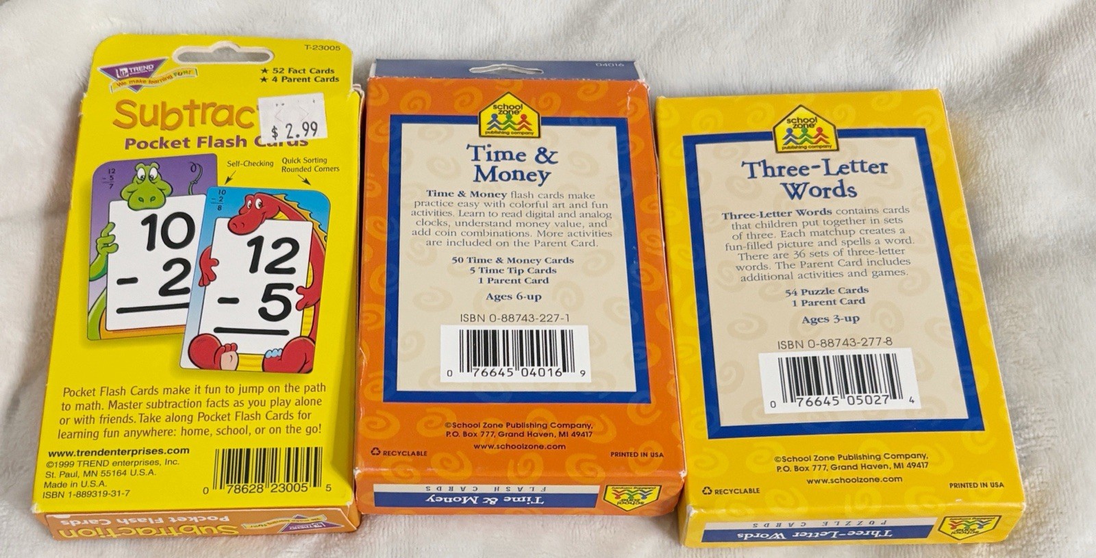 School Zone / Trend, Time & Money, 3 Letter Puzzle and Subtraction Flash Cards