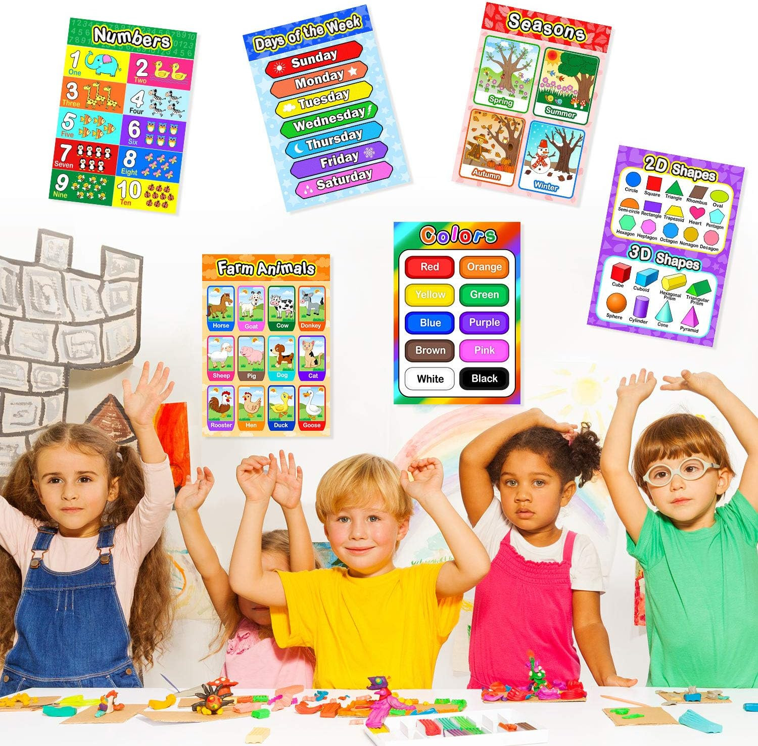 Educational Preschool Posters Set with Glue Dots, Toddler Learning, 16×11 Inch