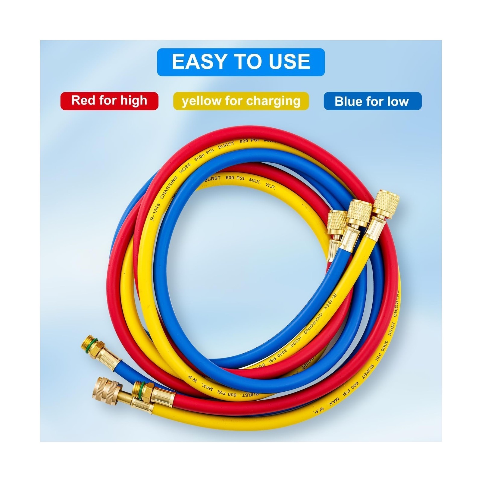 A/C Charging Hose Kit – 5ft R134A – 1/2″ SAE – 3 Colored – 1Set