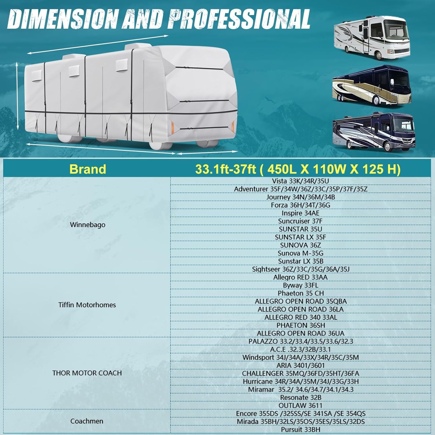 420D Top Class A RV Cover Fits 33′-37′ Waterproof Rip-Resistant Anti-UV