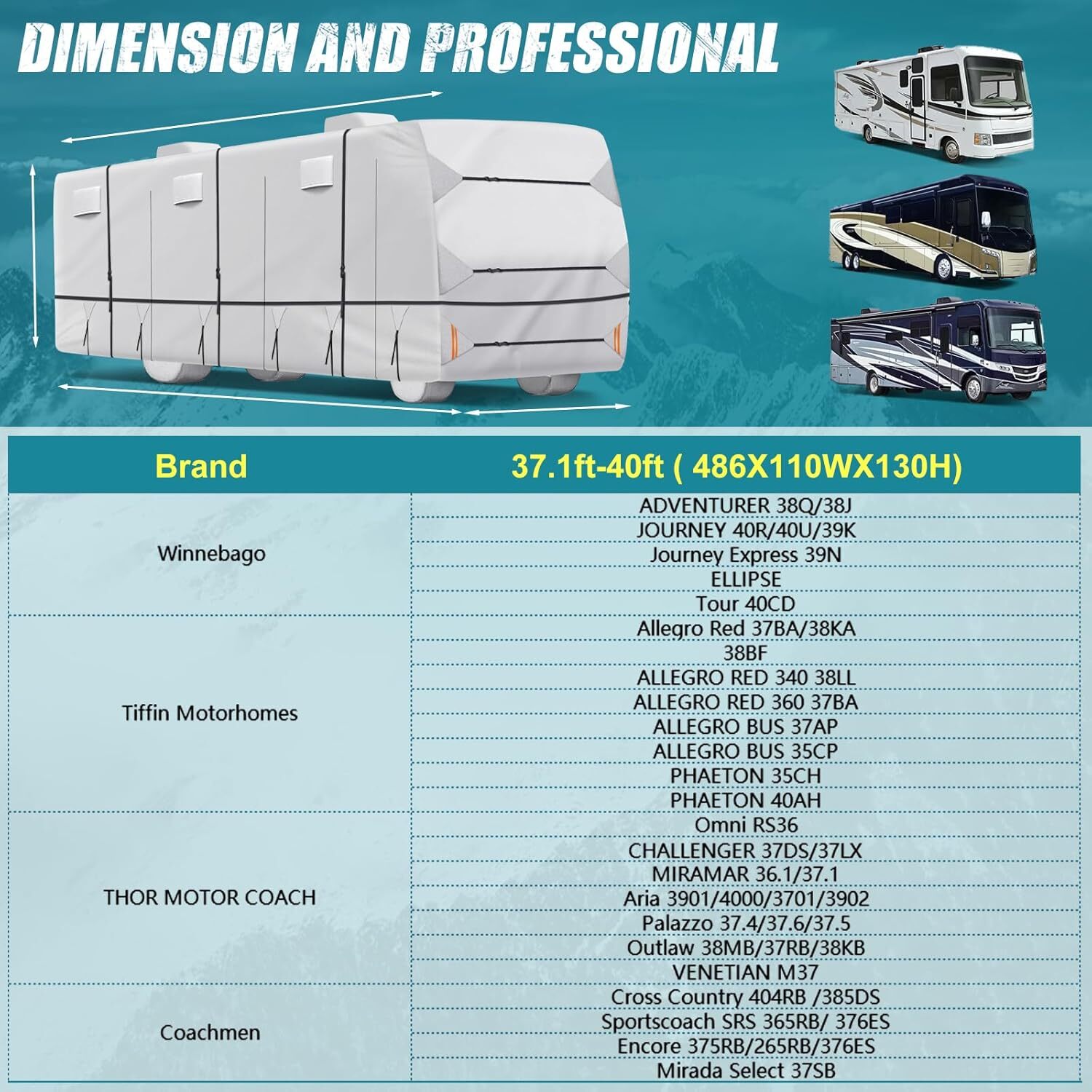 420D Top Class A RV Cover Fits 37′-40′ Waterproof Rip-Resistant Anti-UV