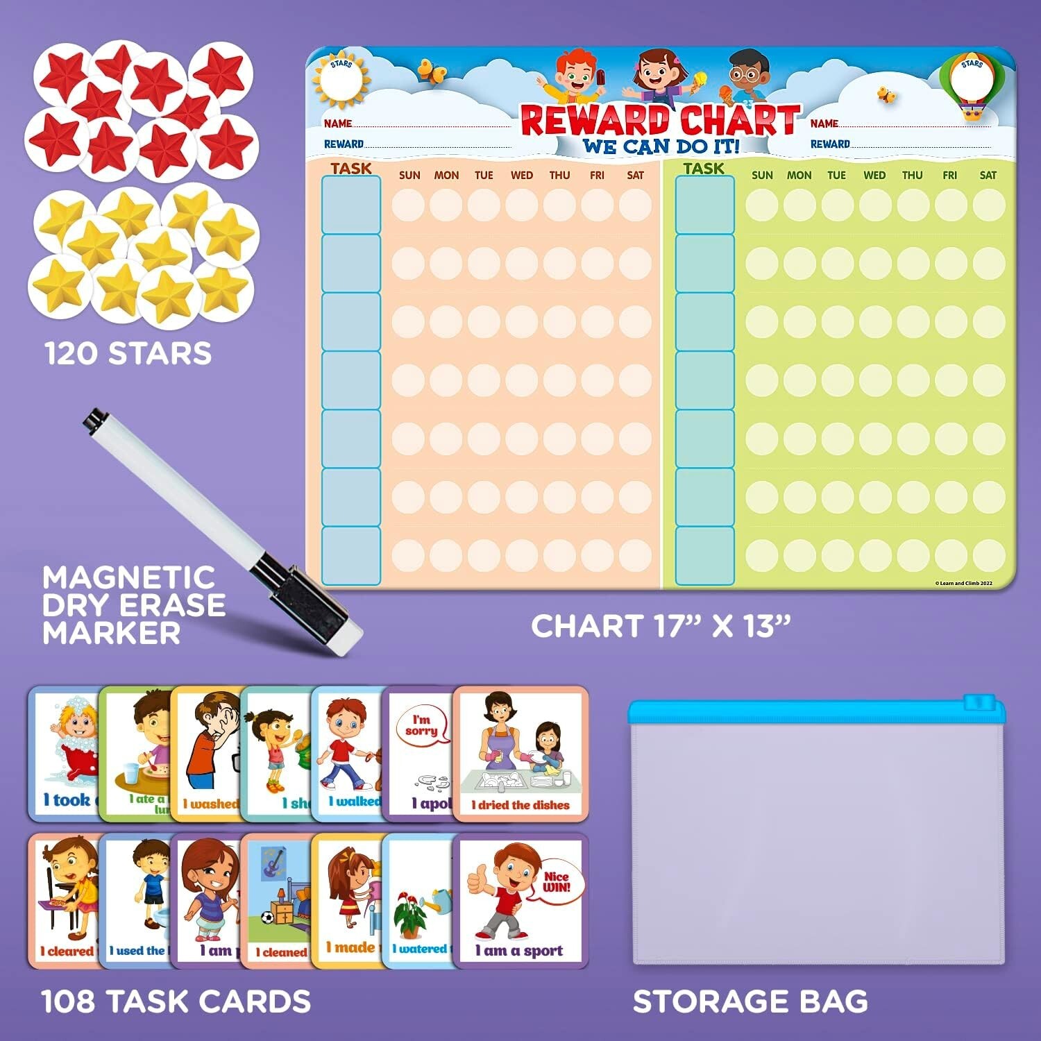 Educational Magnetic Chore Chart for 2 Children with Dry Erase Functionality