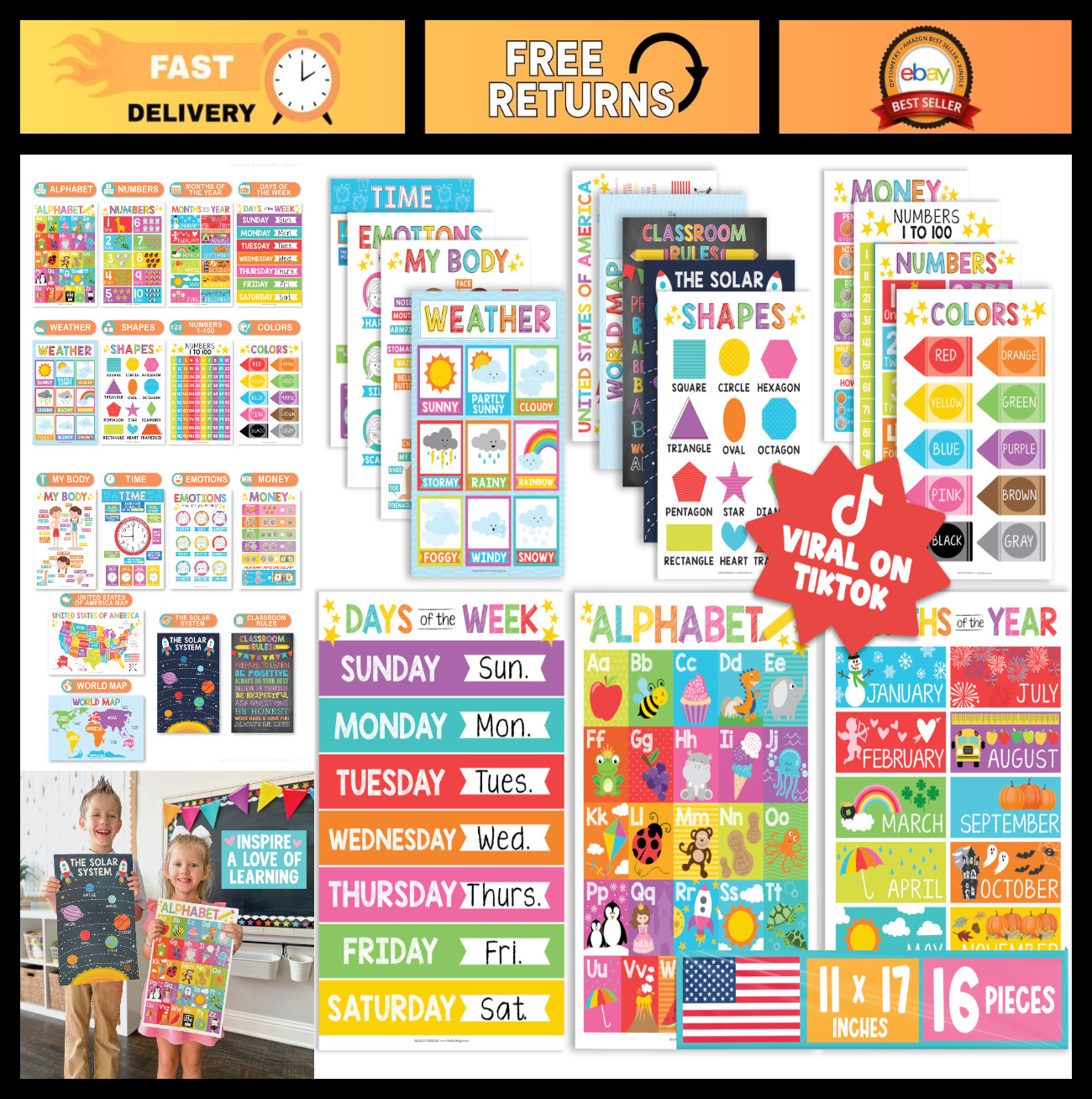 16 Educational Classroom Posters – Laminated Pre-K & Toddler Learning Decor, Hom