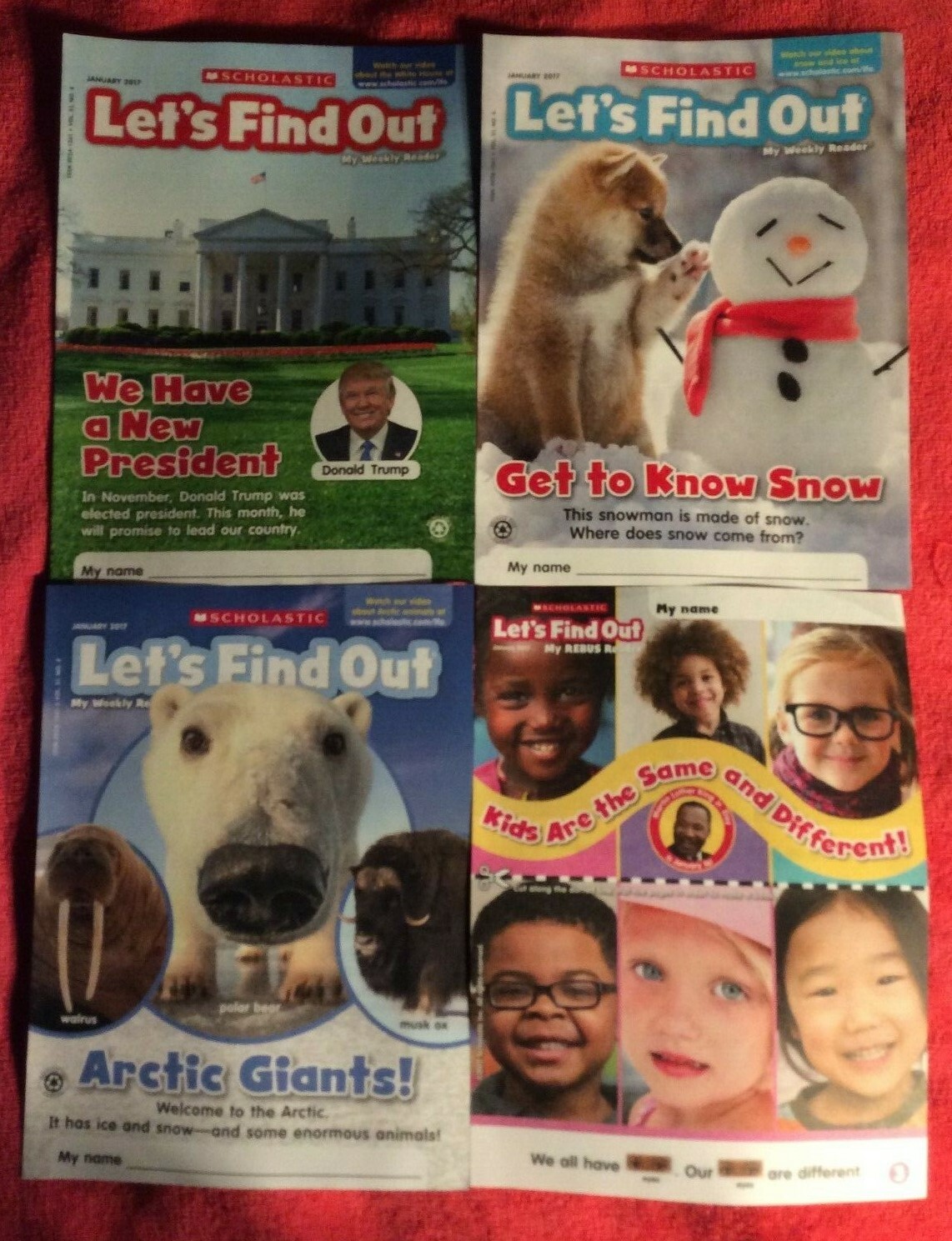 LOT OF 4 SCHOLASTIC WEEKLY READERS GRADE K JANUARY 2017 DONALD TRUMP SNOWMAN