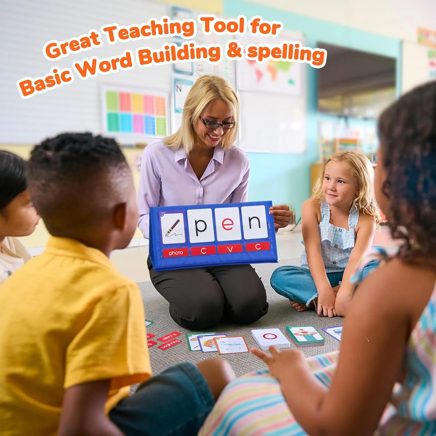 Gamenote Word Building Desktop Pocket Chart Tent Flash Cards Kit – CVC Words Pho