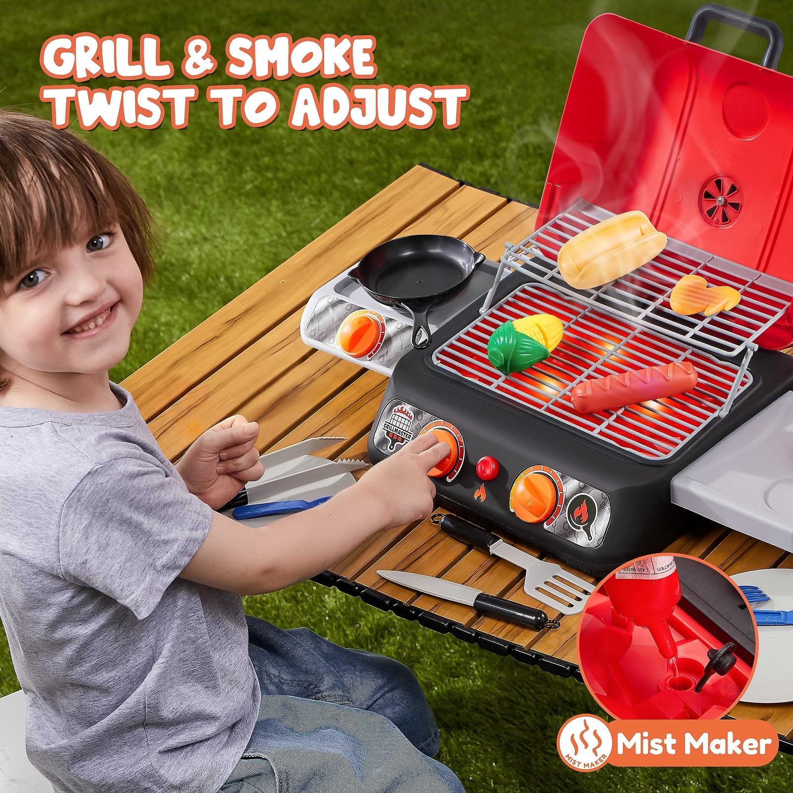 Kids BBQ Grill Playset, Kitchen Toy Set with Pretend Smoke, Light, Sound & Co…
