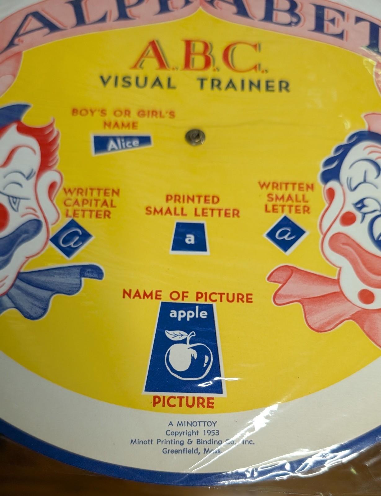 Rare 1953 Minottoy ABC Alphabet Visual Learner Wheel With Clown Faces, Sealed