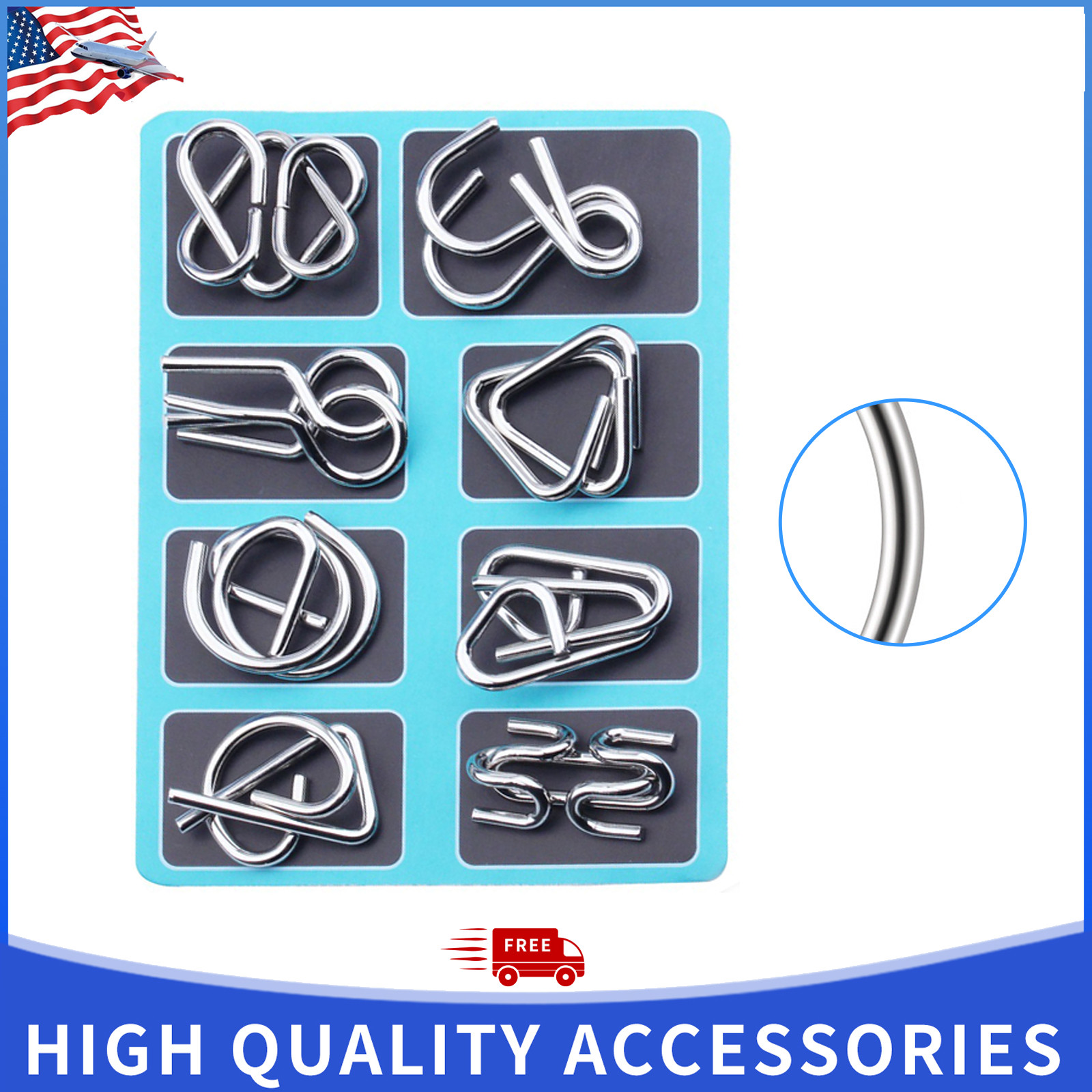 8PCS Blue Metal Wire Puzzle Brain Teaser Nine Linked Rings Toy