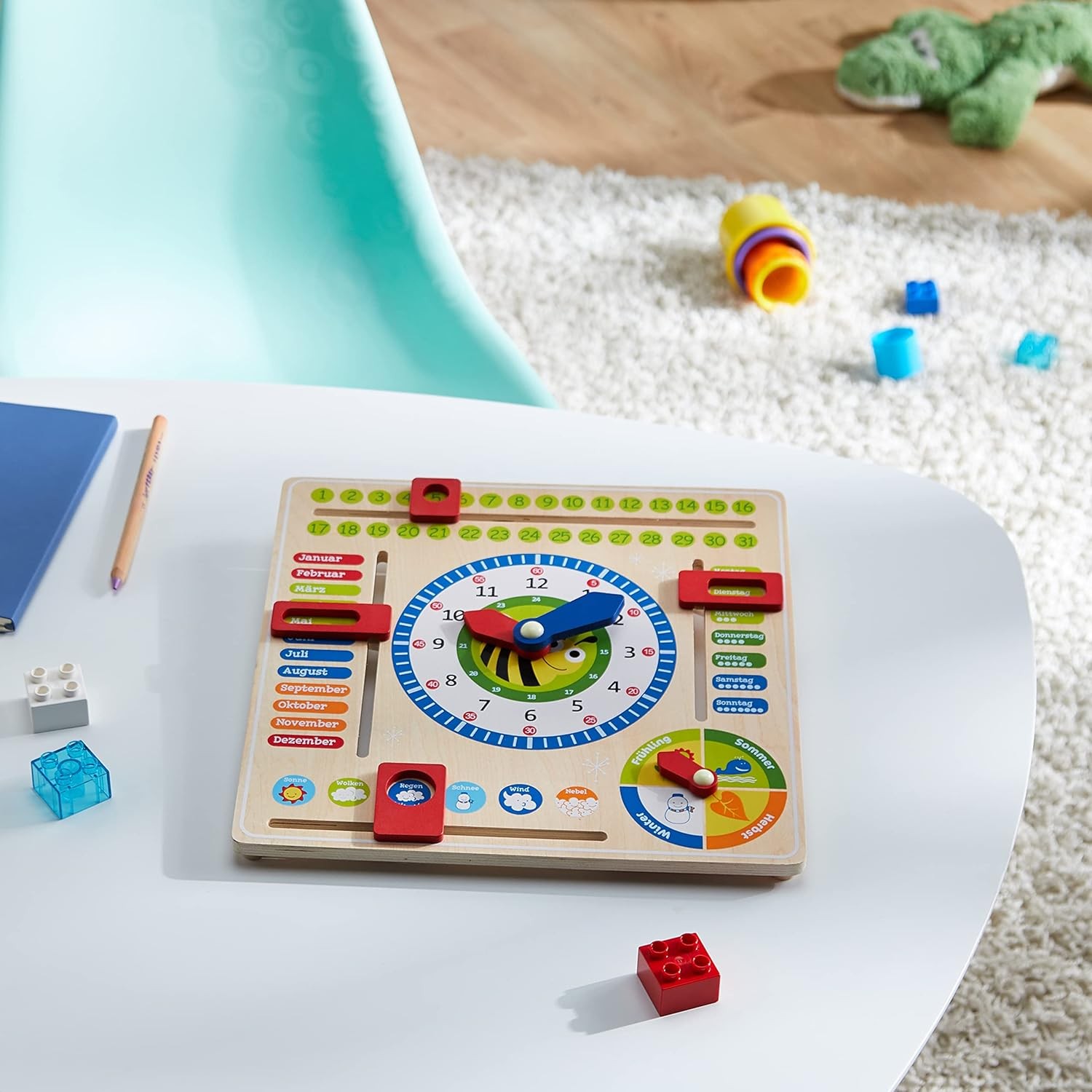 small foot 4765 wooden learning clock “busy bee”, learning board for date, time