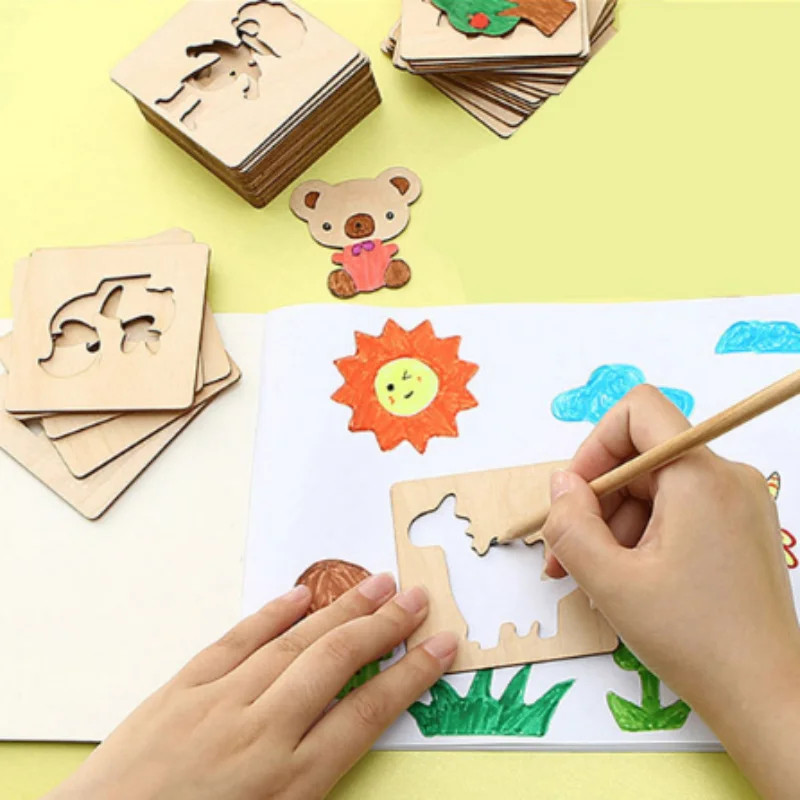 20pcs Montessori Kids Drawing Toys Wooden DIY Painting Stencils Creative