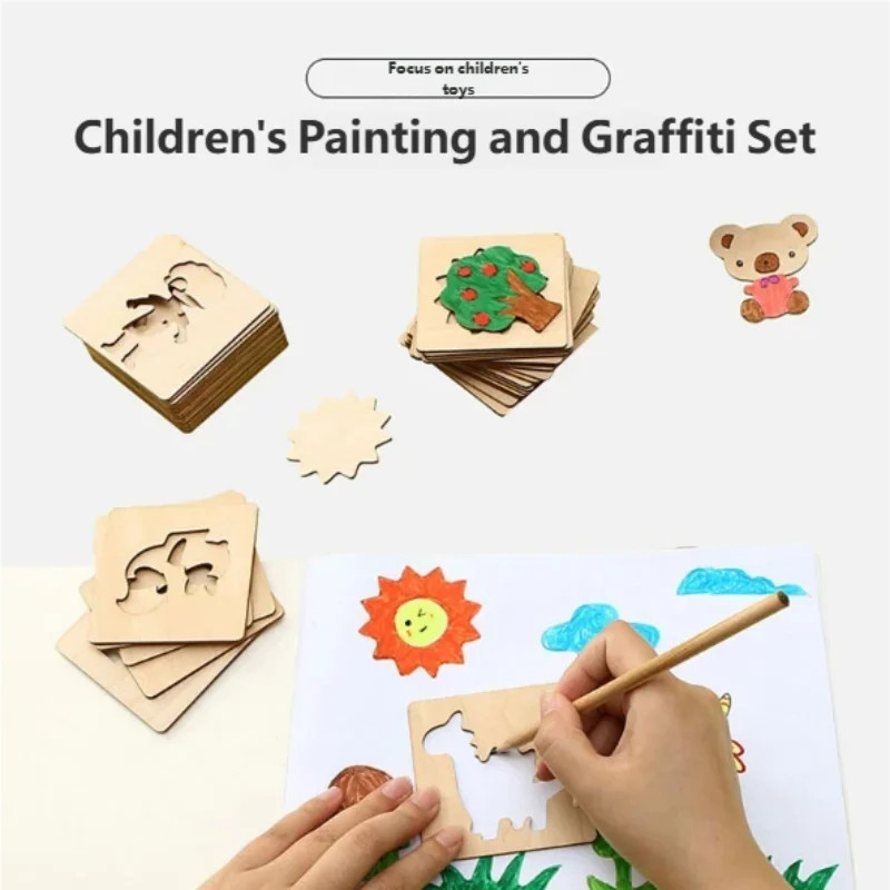 20pcs Montessori Kids Drawing Toys Wooden DIY Painting Stencils Creative