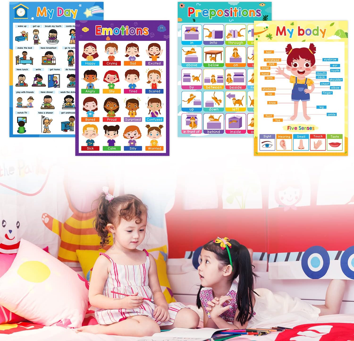 Educational Posters for Kids, Set of 4 A3 Size, My Day, Emotions, My Body, Prepo
