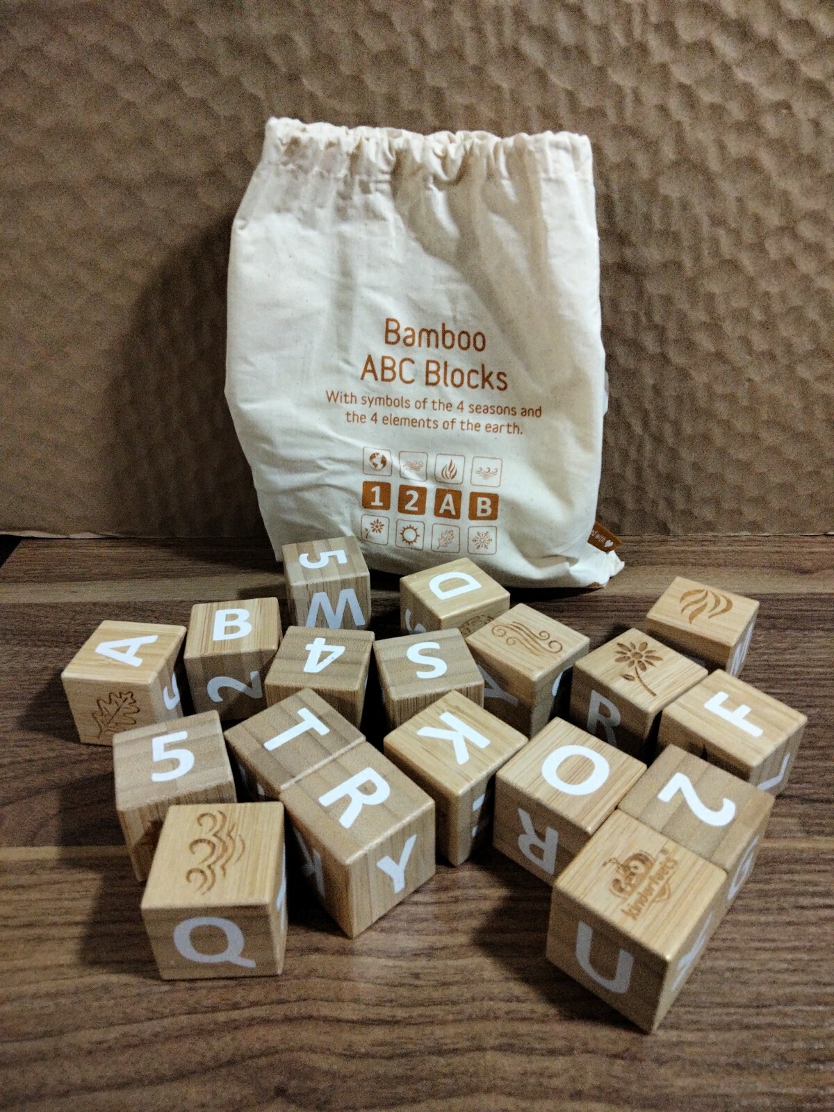 Kinderfeets Bamboo ABC 123 Blocks Symbols Of 4 Seasons & 4 Elements Of Earth