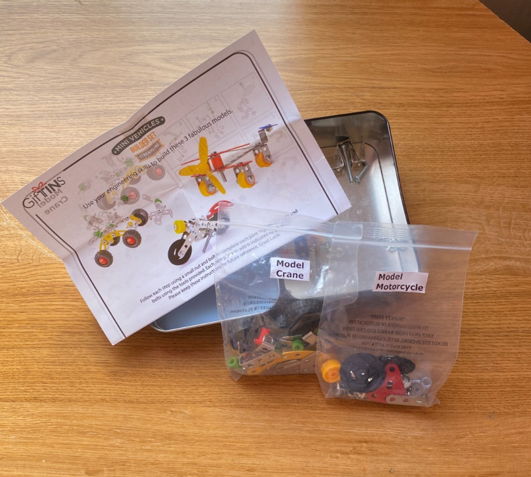 GifTins Mini Vehicles Builder Set – Mini Vehicles Airplane Crane Motorcycle 3X5″