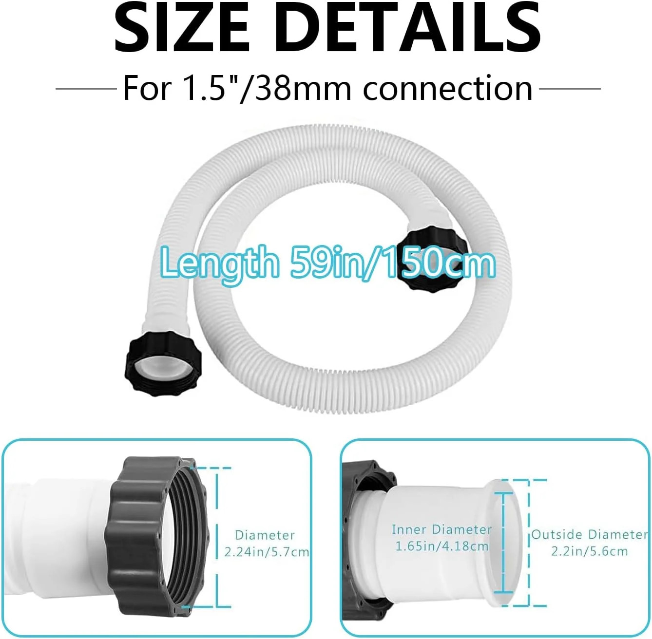 2-Pack 1.5-Inch Diameter Pool Hoses, 59-Inch Replacement Hoses Compatible with A