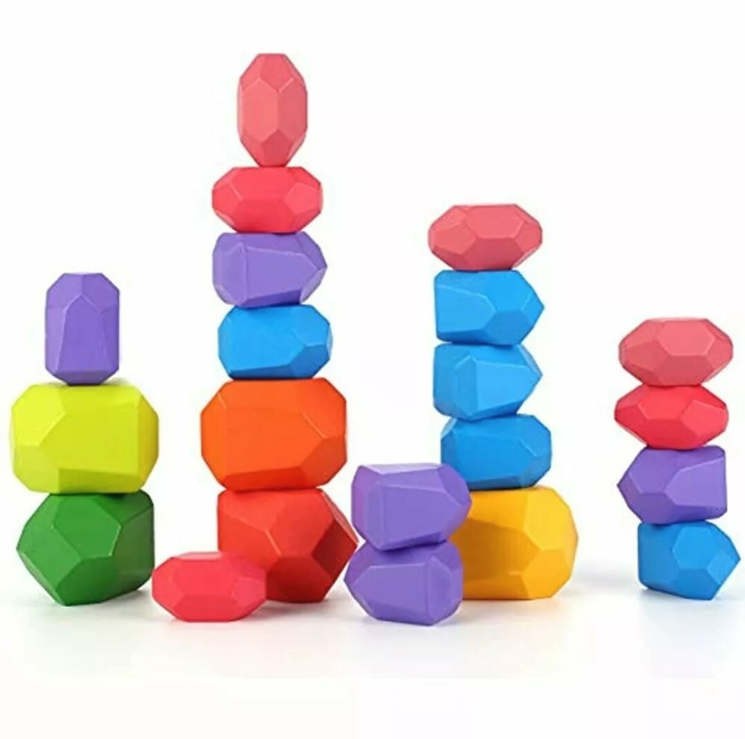21 Pcs Stone Balancing Blocks- Colored Wooden Stones Lightweight Building Set