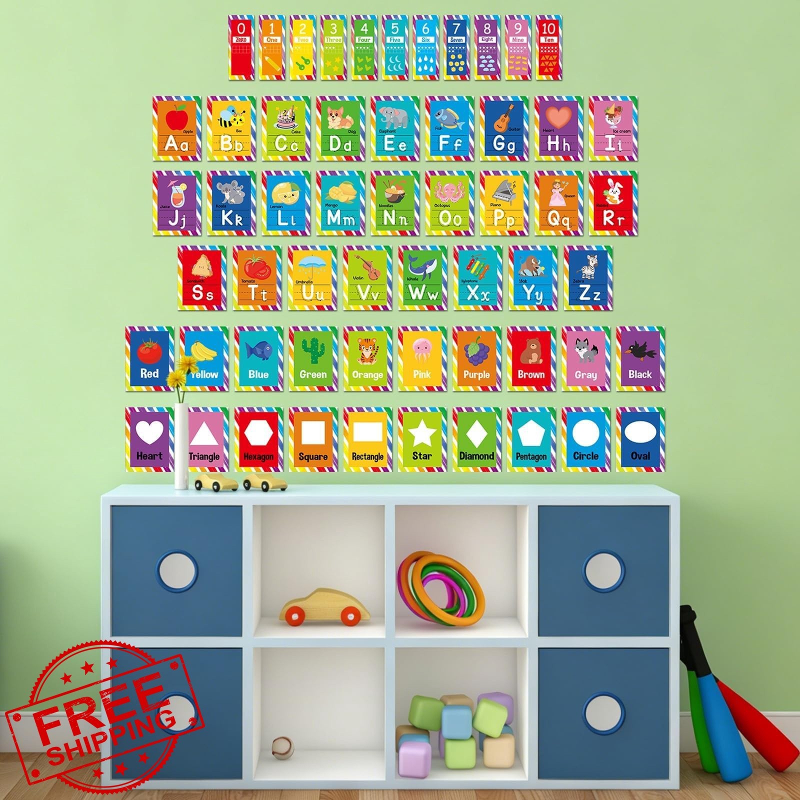Yakydesign Alphabet Posters ABC Numbers Colors Shapes Diagonal Stripes