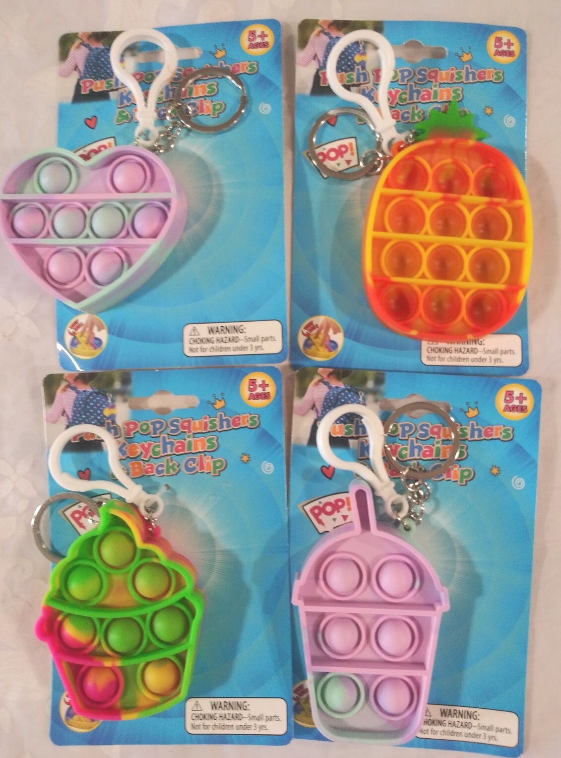 🎒Lot of 4 Pop! Keychain & Back Clip Push Pop Squishers Sensory Toy Stress◀