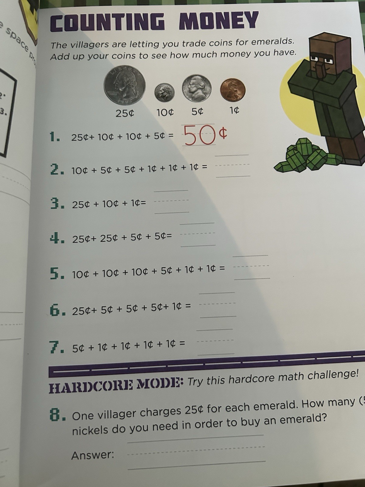 Sky Pony Press Minecraft Workbook Grades 1-2 Math Counting Time Ages 6-8