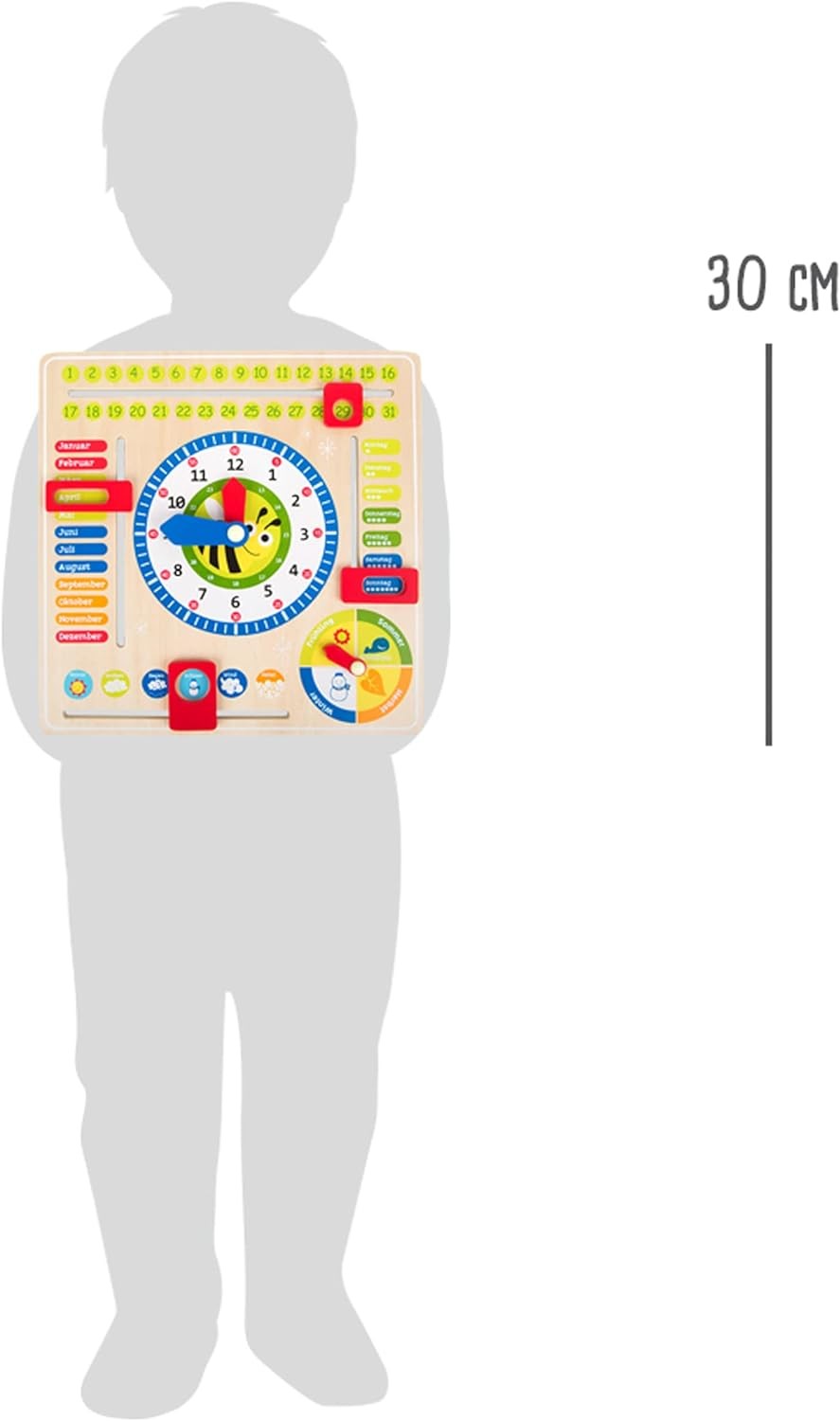 small foot 4765 wooden learning clock “busy bee”, learning board for date, time