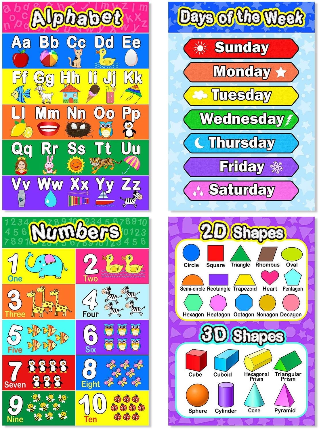 Educational Preschool Posters Set with Glue Dots, Toddler Learning, 16×11 Inch