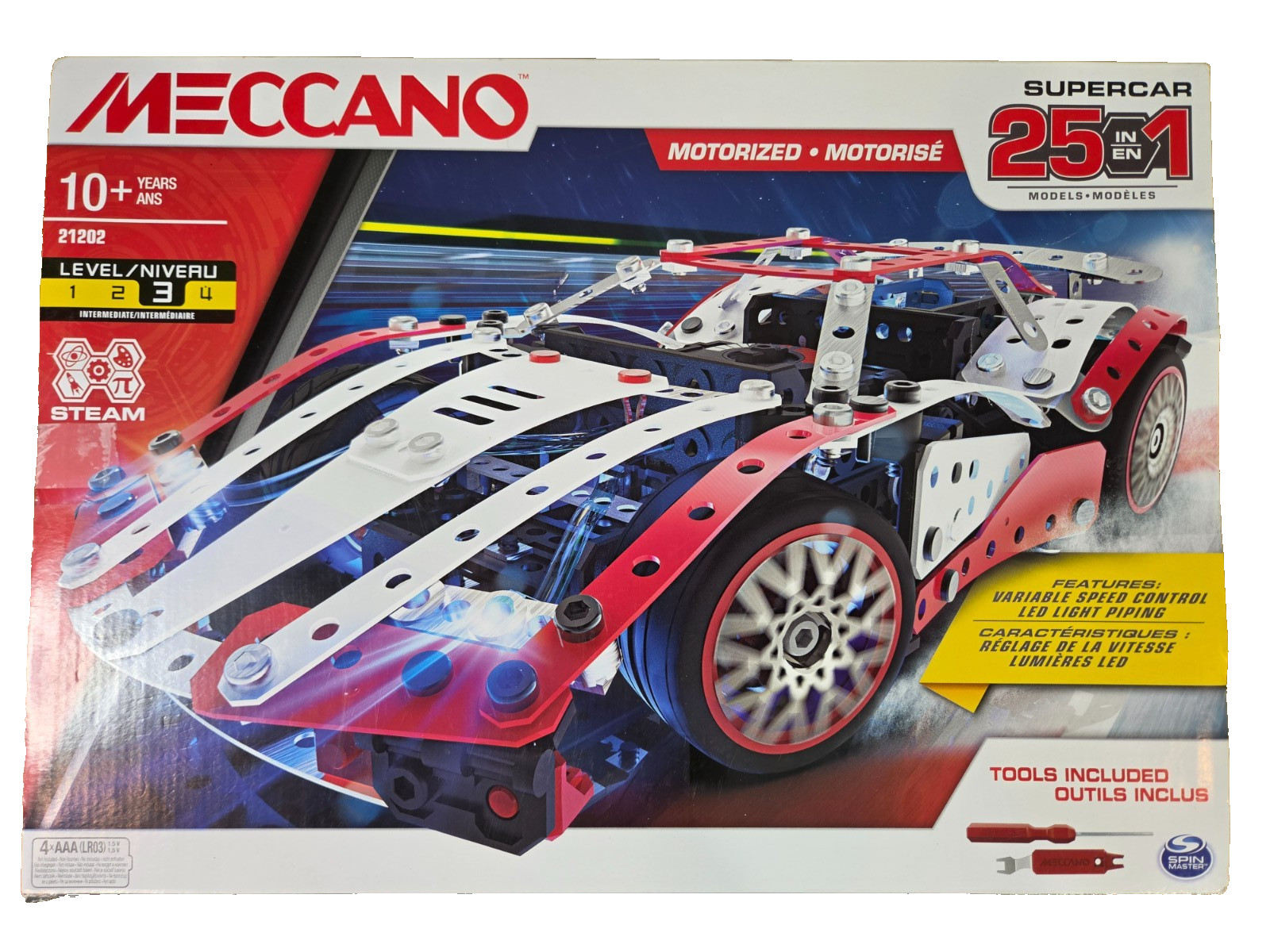 Meccano Supercar 25-in-1 Model 2102 Motorized Vehicle Building Kit 347 Part