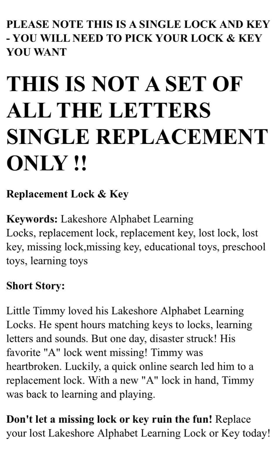 Lakeshore Alphabet Learning Locks Single Replacement Lock & Key *You Choose ONE*