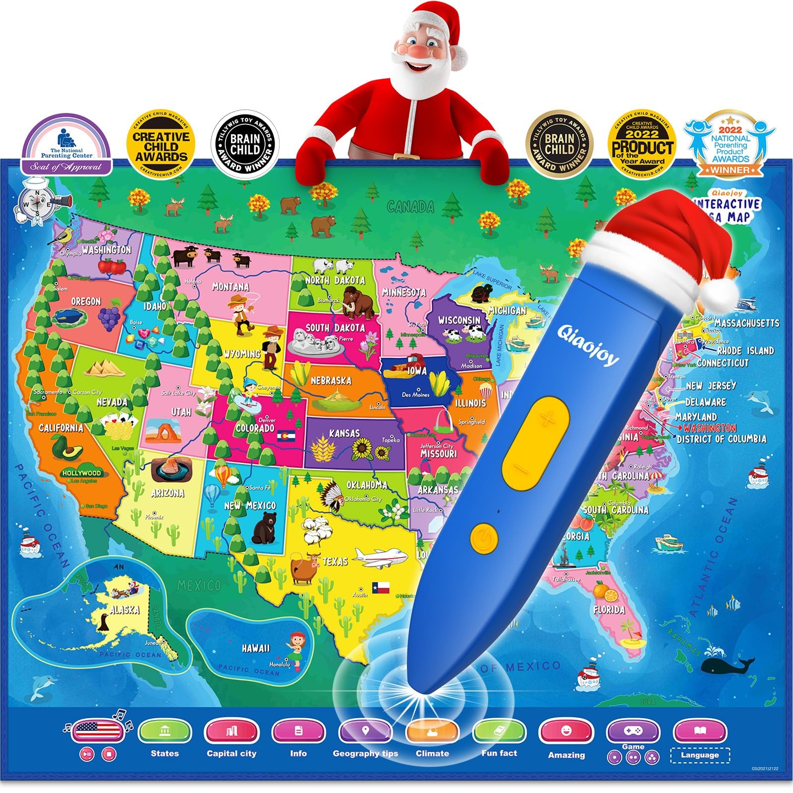 Qiaojoy V2 Interactive Kids Map Bilingual Poster (9″ x 10″ x 1″), Multicolor