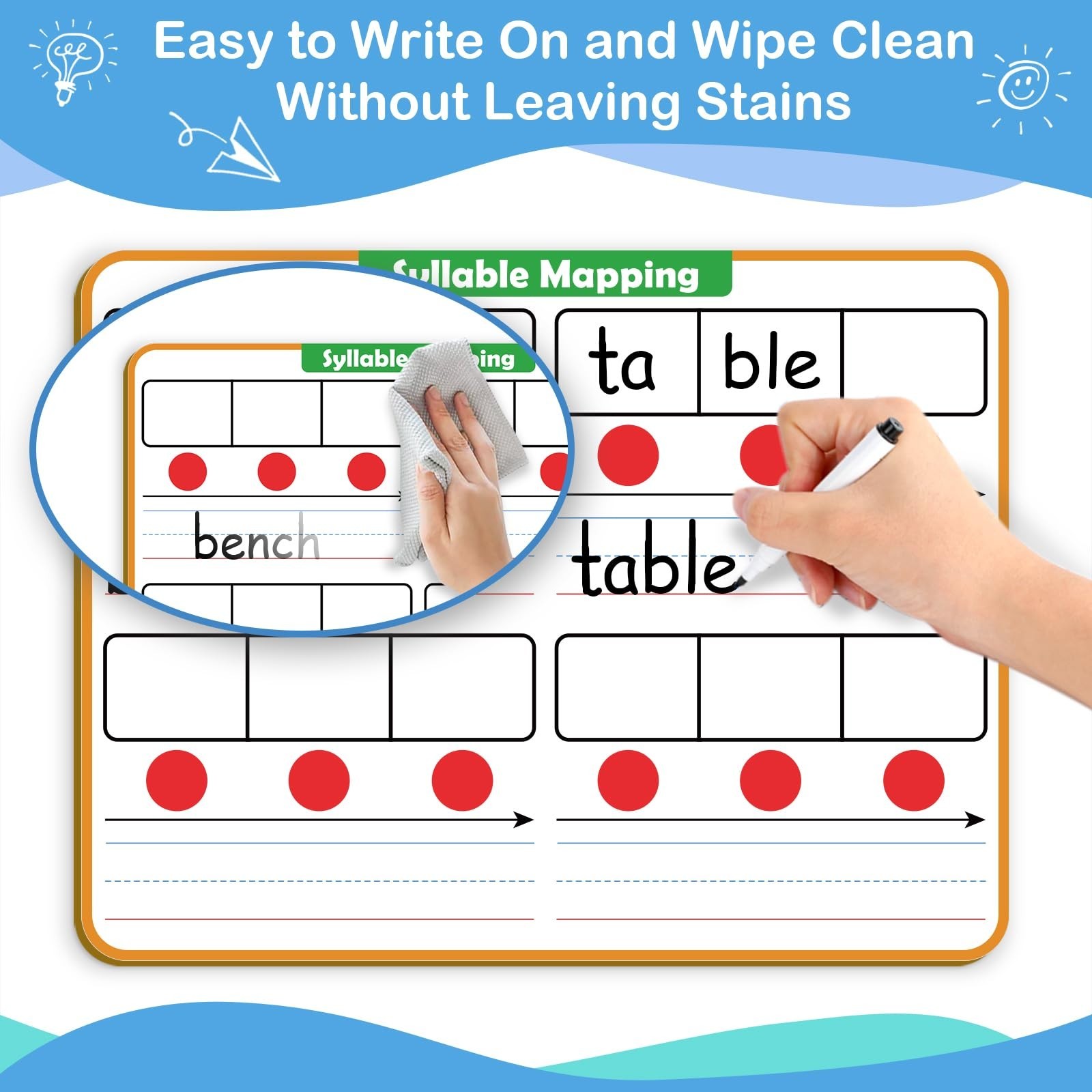 Aizweb Phonemic Awareness Dry Erase Board,9″ x 12″ Syllable Small Whiteboard,…
