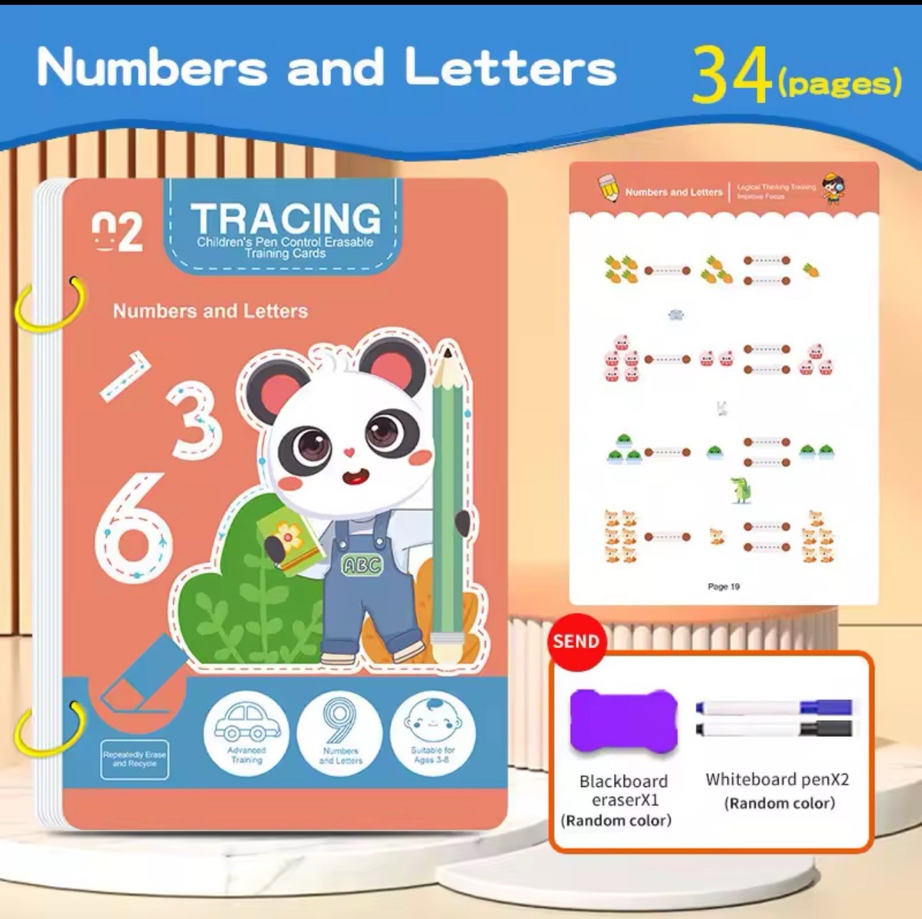 Tracing Pen Control Erasable Training Cards Panda Numbers & Letters Ages 3-8