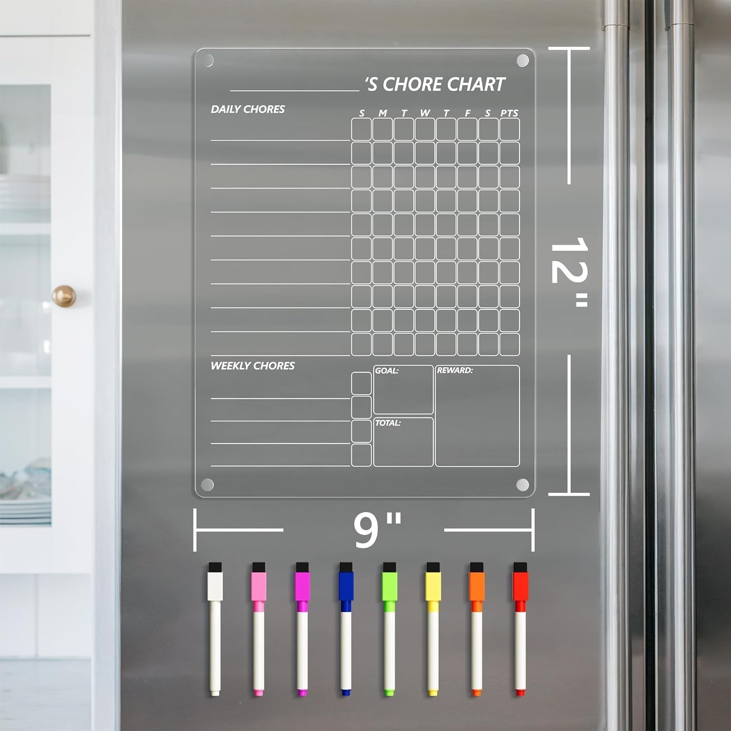Stylish 12”x9” Acrylic Dry Erase Chore Chart with 8 Color Markers for Families