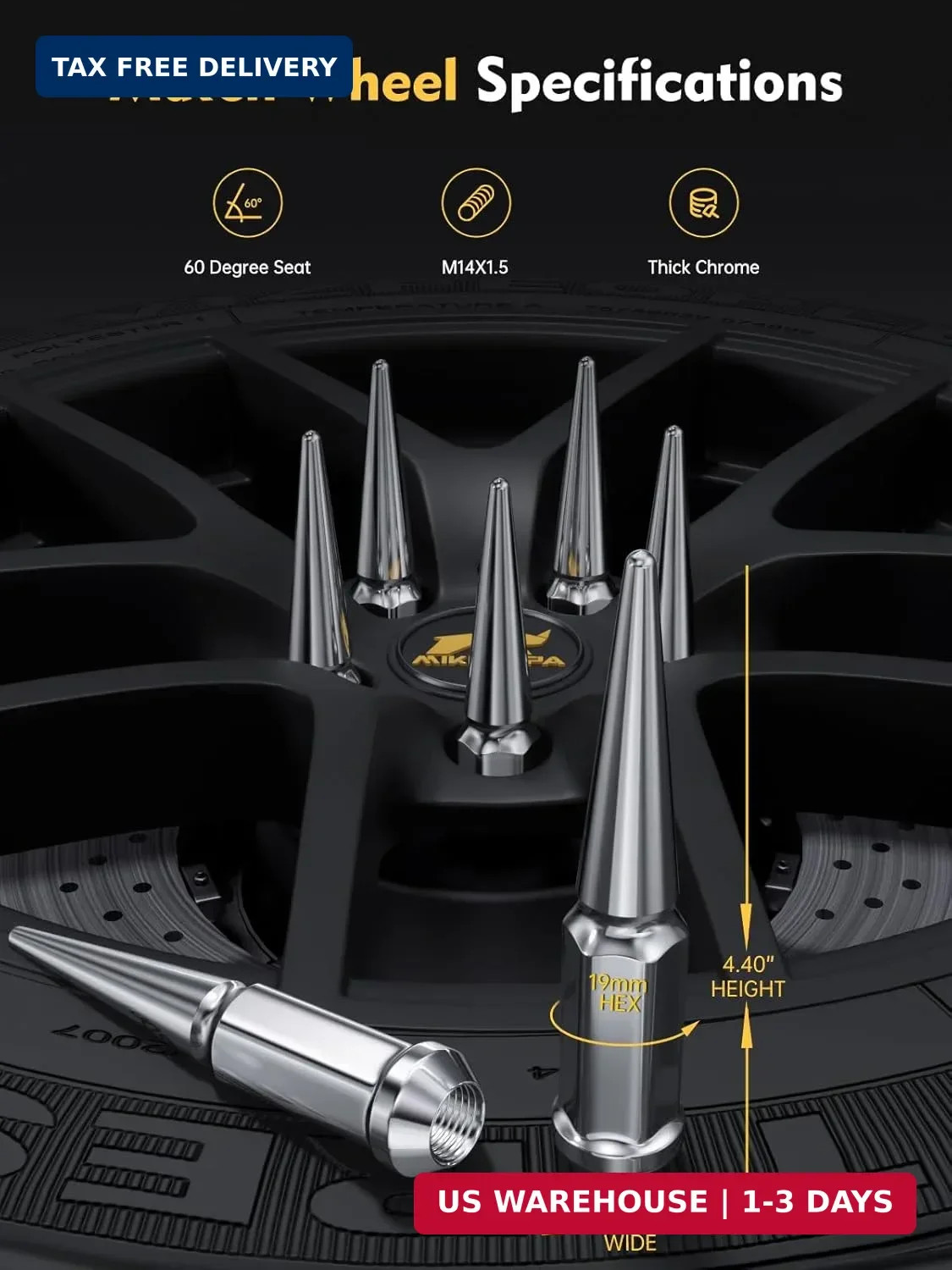 MIKKUPPA M14x1.5 Spike Lug Nuts, 24PCS Chrome Wheel Spiked Lug Nuts, Cone/Conica
