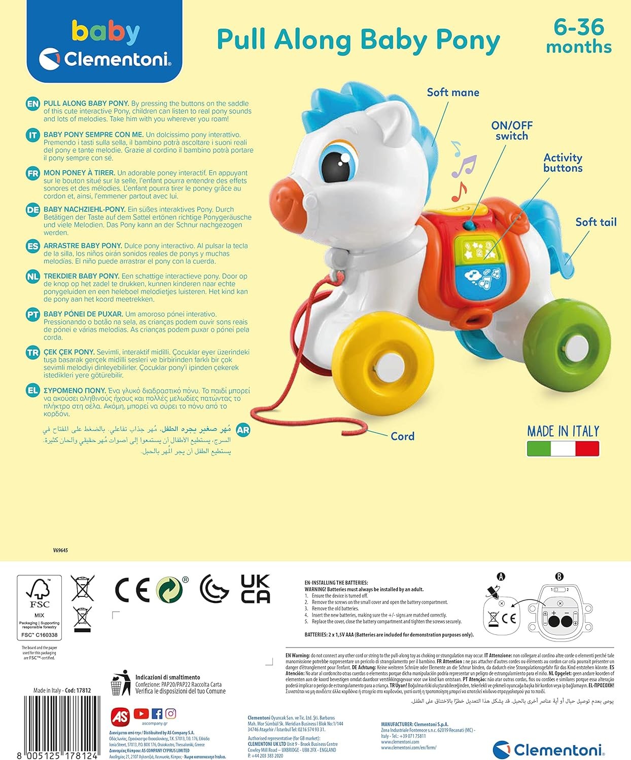Clementoni- Along Pony Development & Activity Walker: First Steps Animal Push an