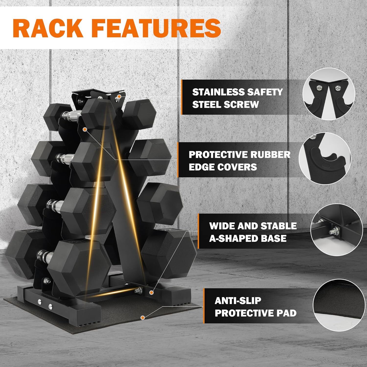 Rubber Coated Hex Dumbbell Weight Set and Storage Rack, 100LB Set or 150LB Set,