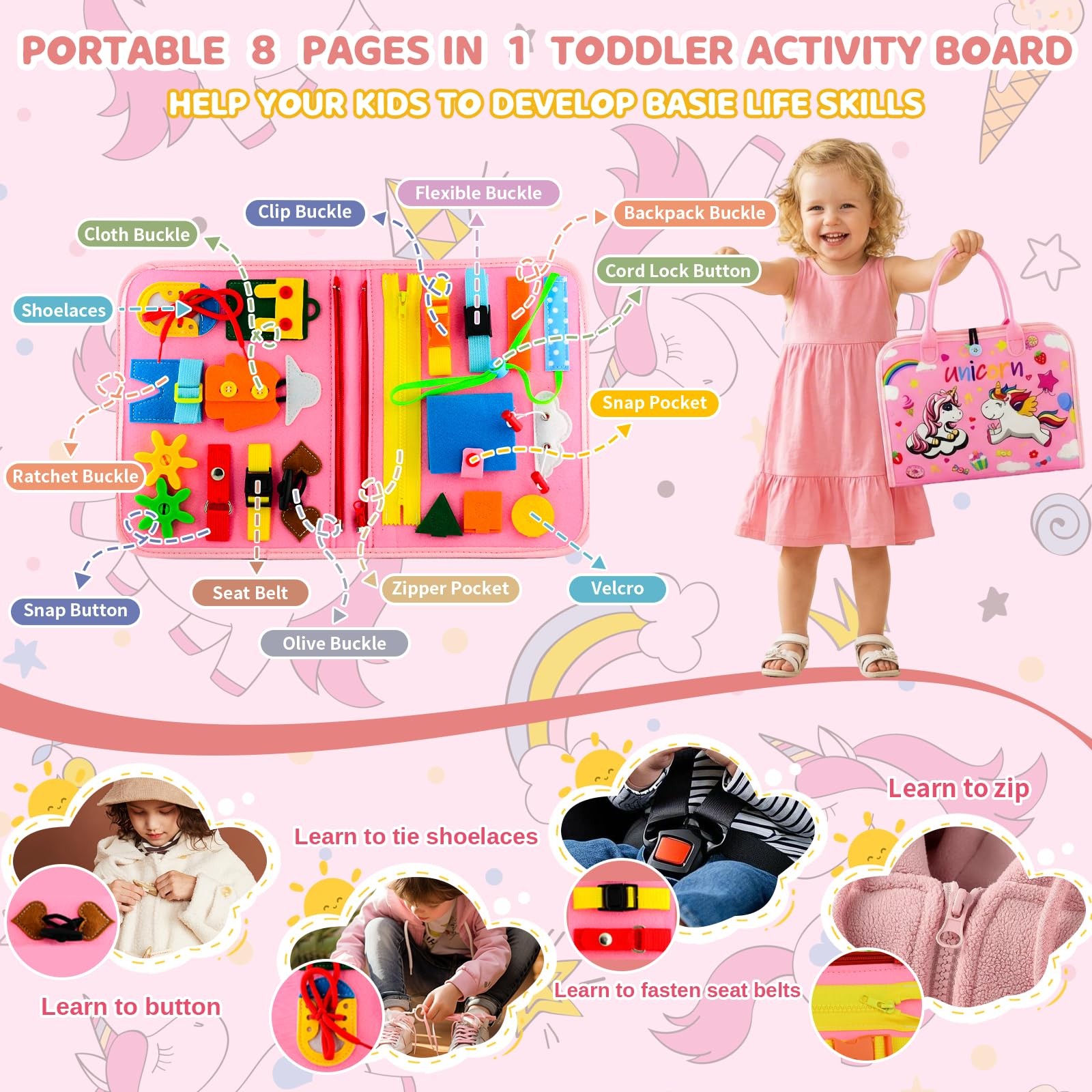 Toddler Busy Board Montessori Toys, 10.89 x 8.78 x 2.09 inches, Pink