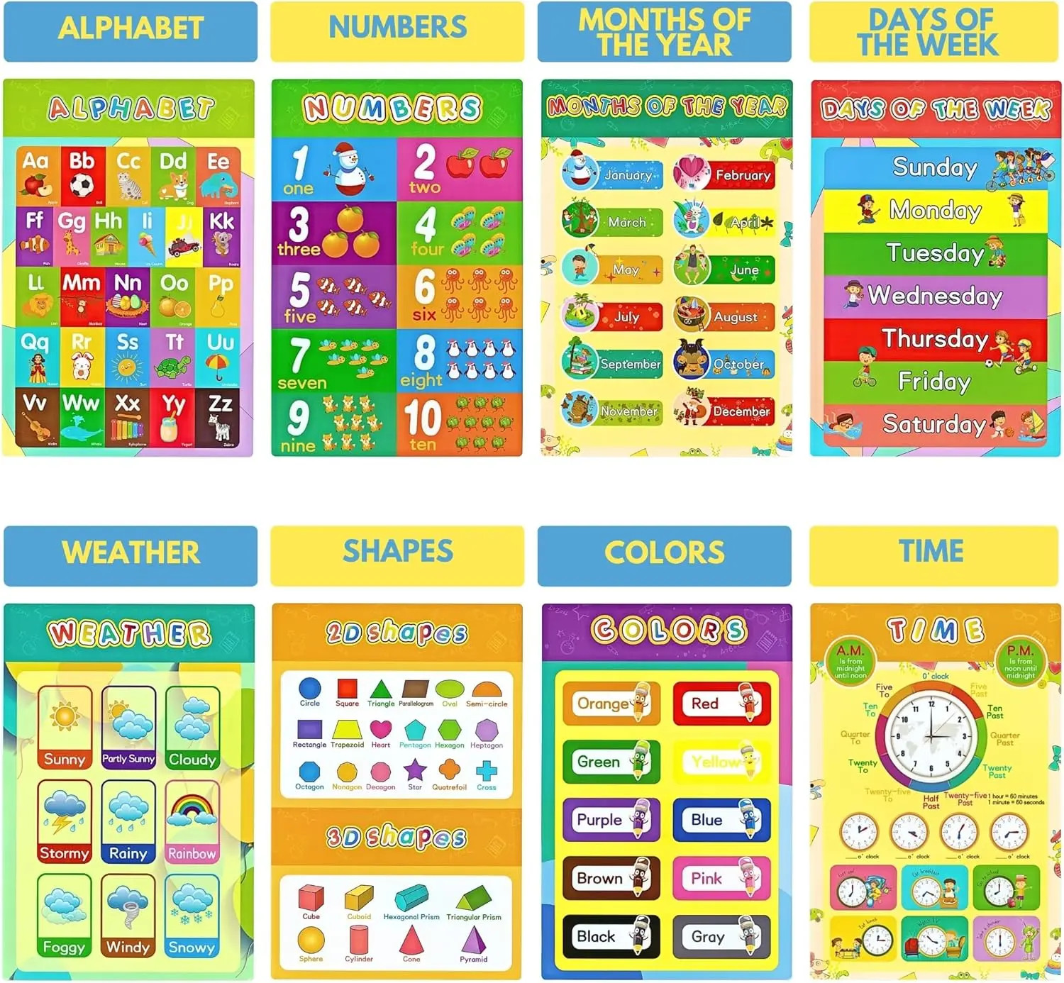 16 Educational Posters for Kids 1-3 Laminated Learning ABC Chart Numbers Colors