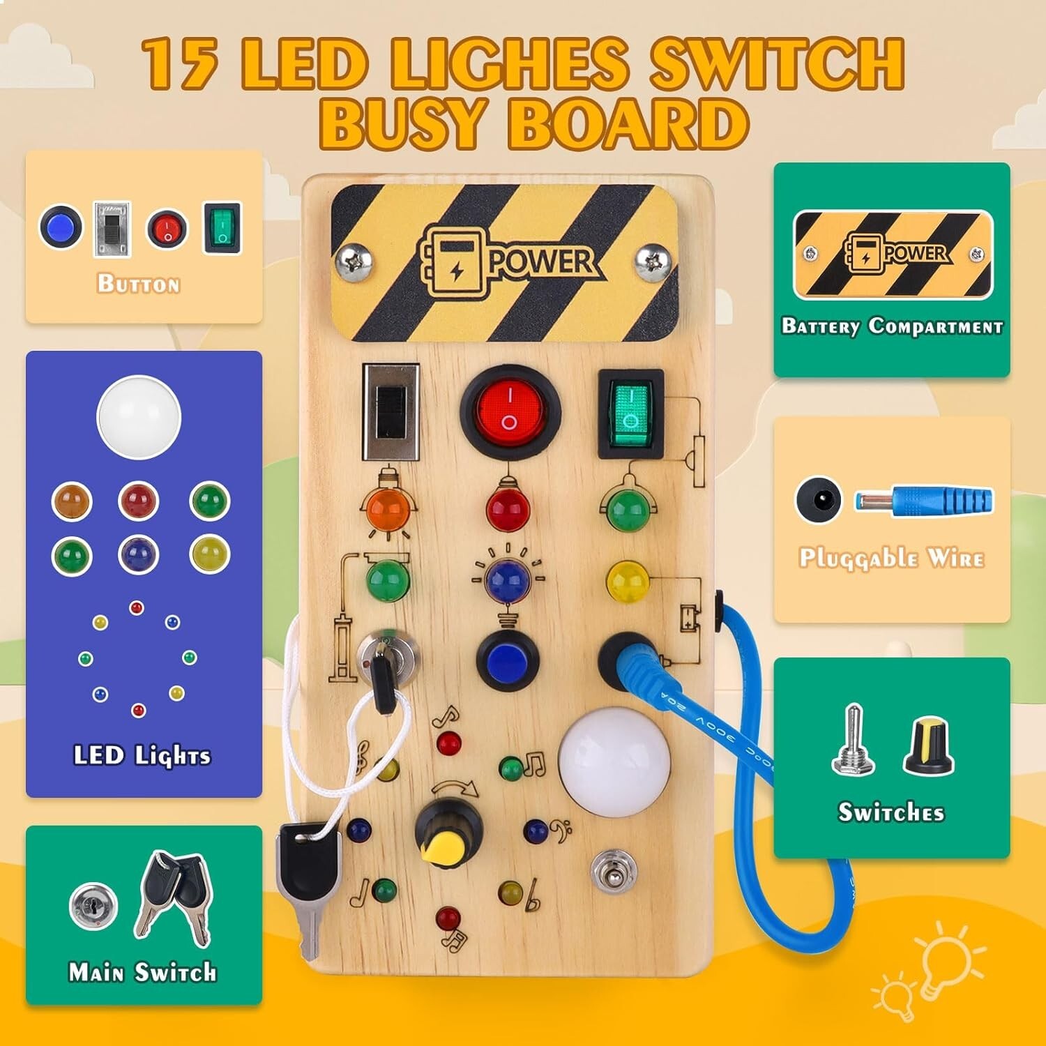 Handcrafted Montessori Busy Board for Ages 1+, 8 LED Lights for Sensory Learning